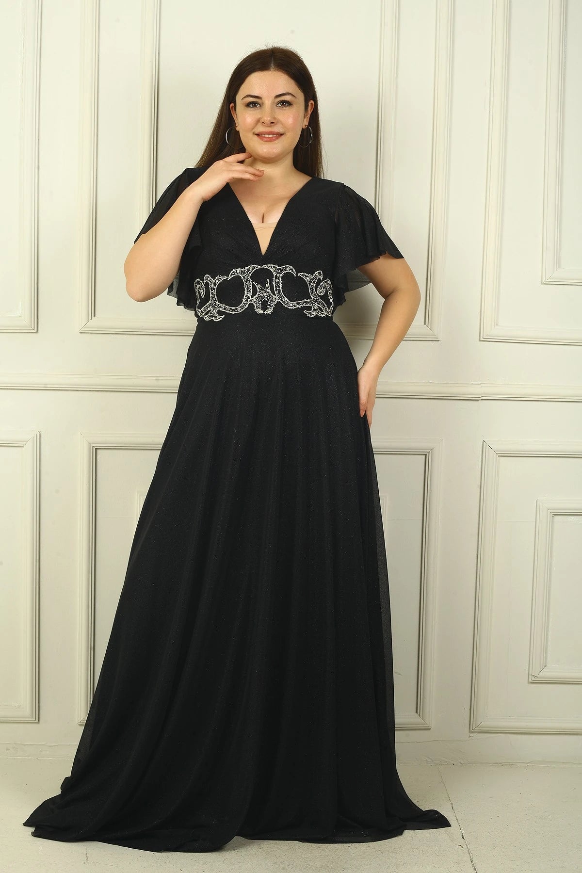 Image of Women's Front and Back V-Neck Waist Embellished, Lined, Glittery Plus Size Evening Dress
