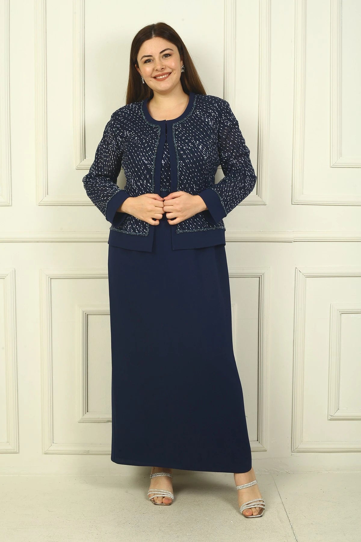 Image of Women's Beaded and Sequin Embellished Tulle Jacket, Half-Moon Sleeve Long Dress, Lined, Plus Size Two-Piece Set