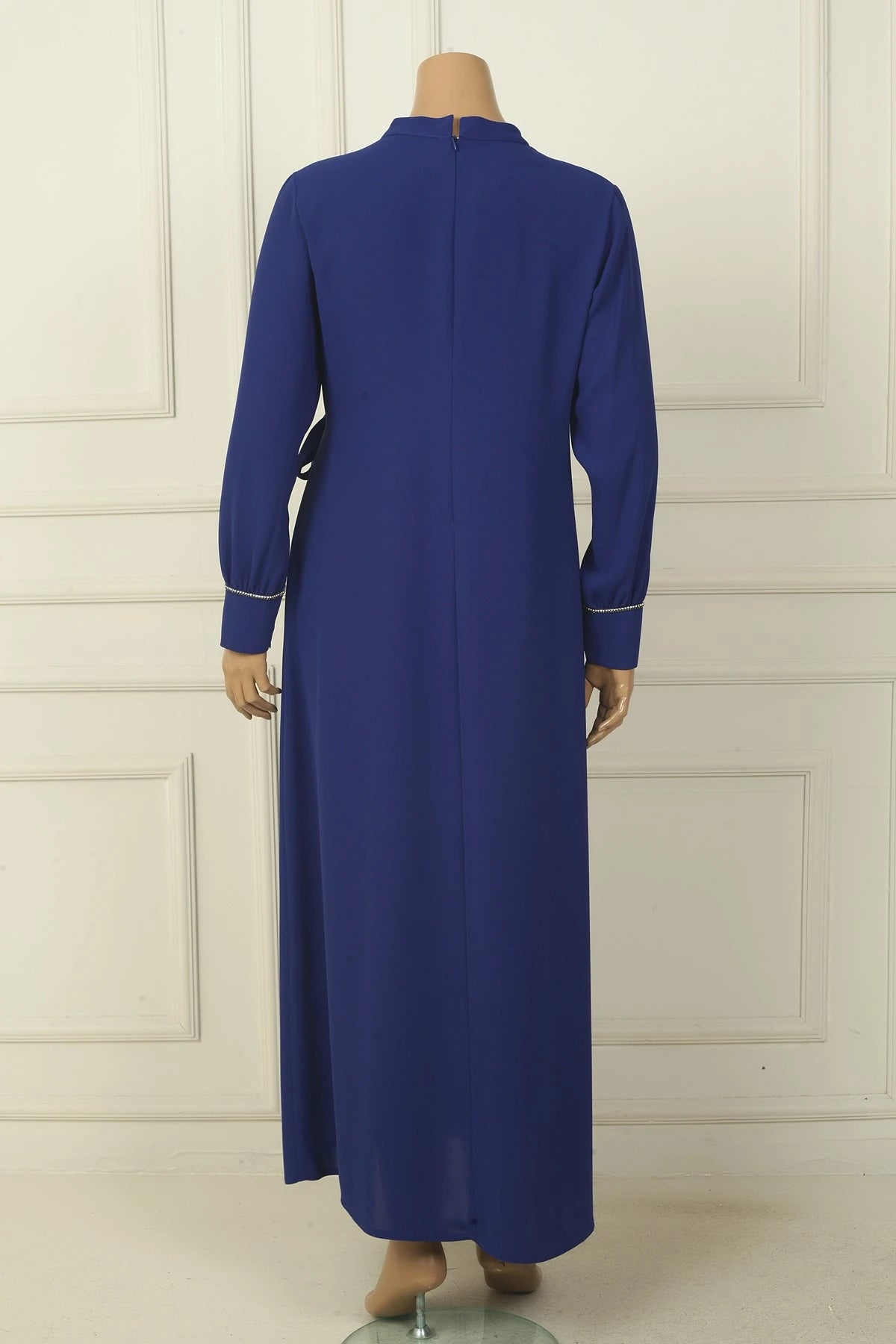 Image of Women's Plus Size Long Crepe Dress with Zippered Sleeves, Stone Embellishments, and Side Tie Closure