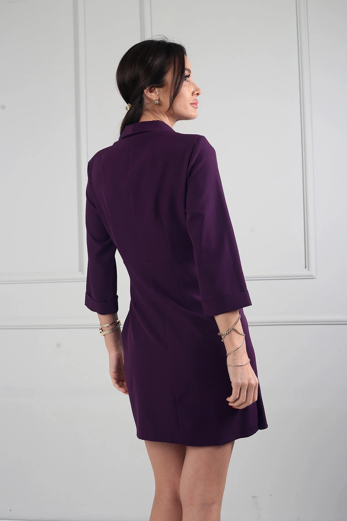 Image of Women's Wrap-Around Shawl Collar Short Crepe Dress with Buckle Detail