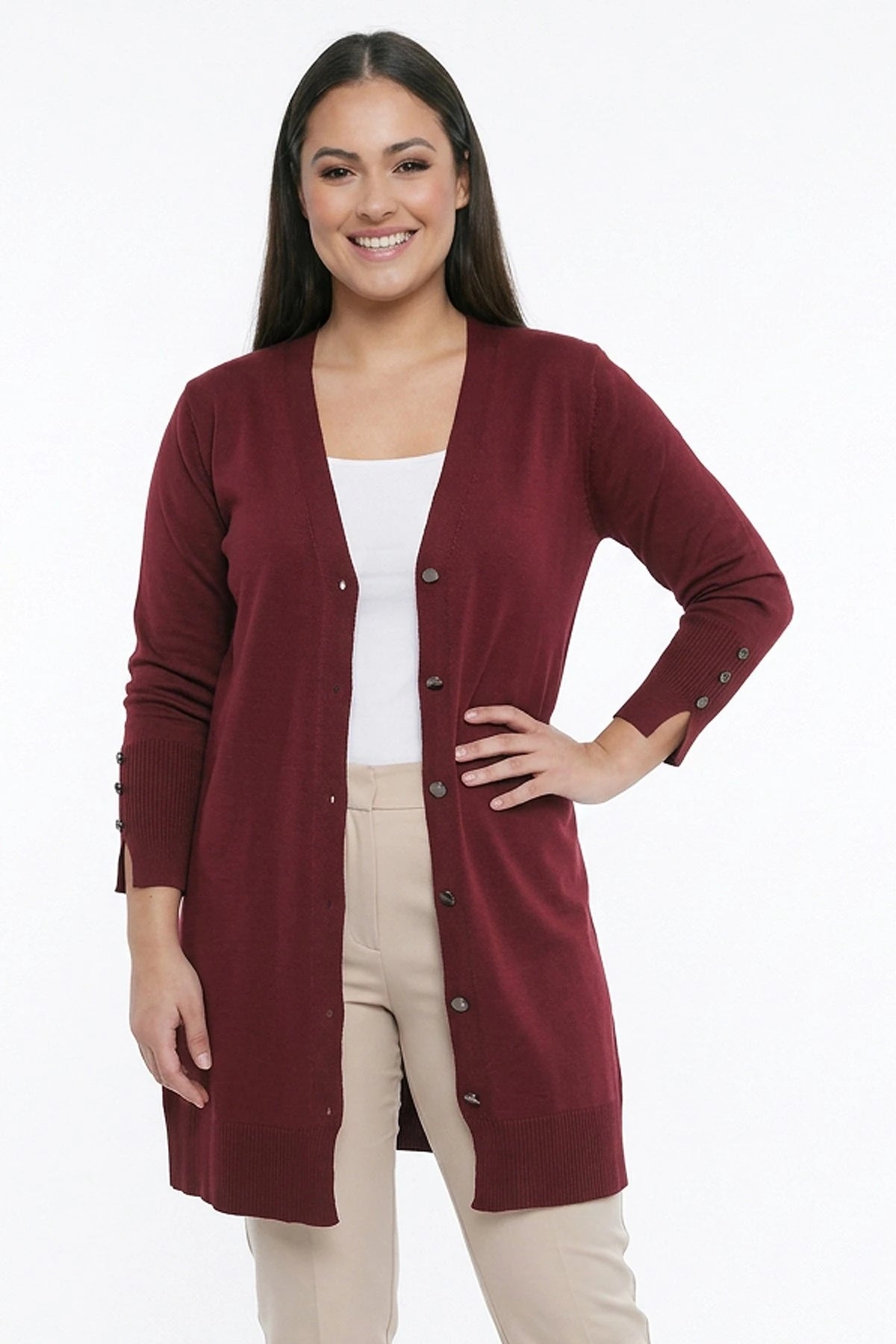 Image of Women's Plus Size Knitted Cardigan with Button Detail on Sleeves