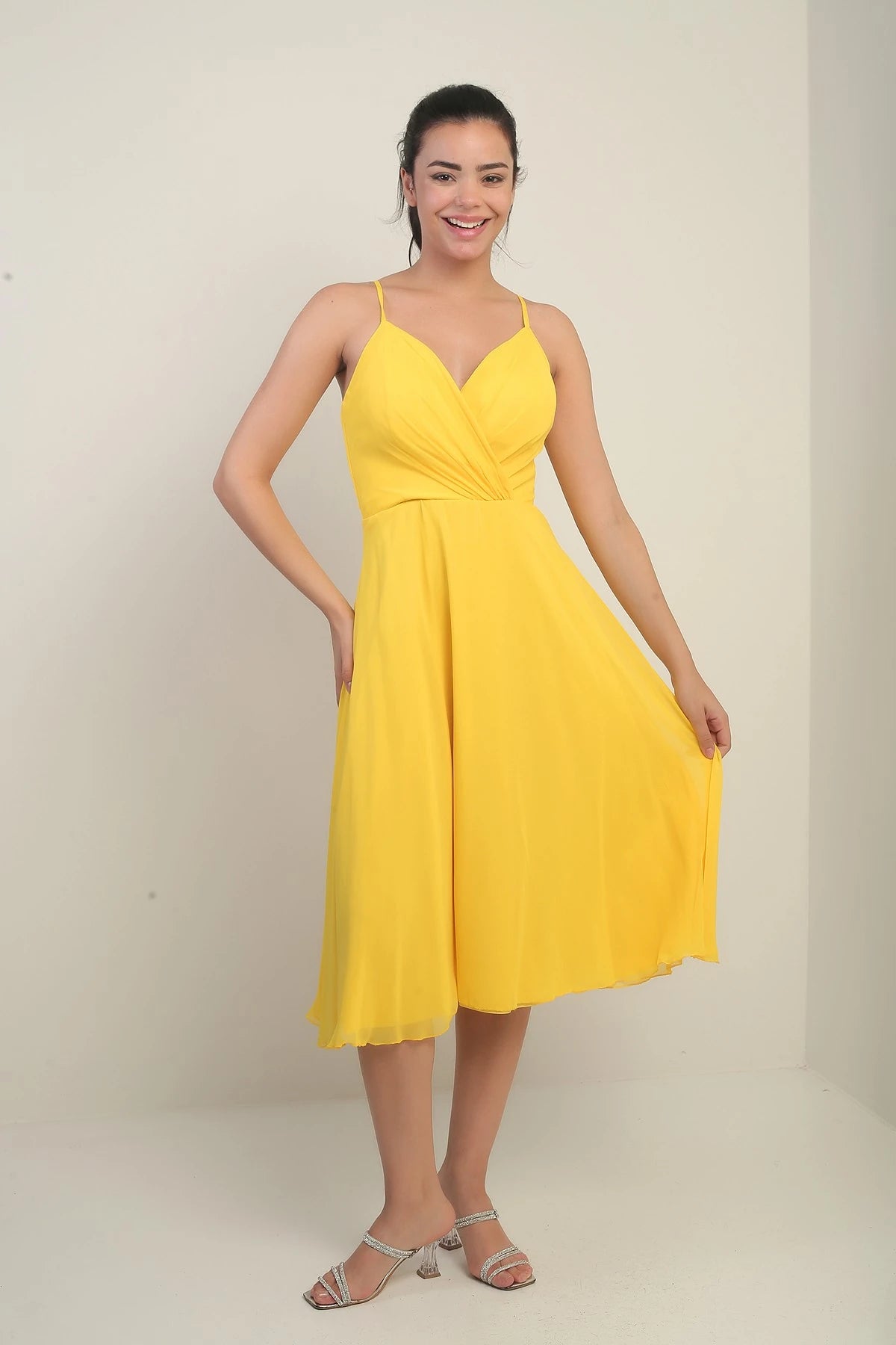 Image of Women's Strappy Wrap Neckline Lined Lace-Up Back Flared Chiffon Dress