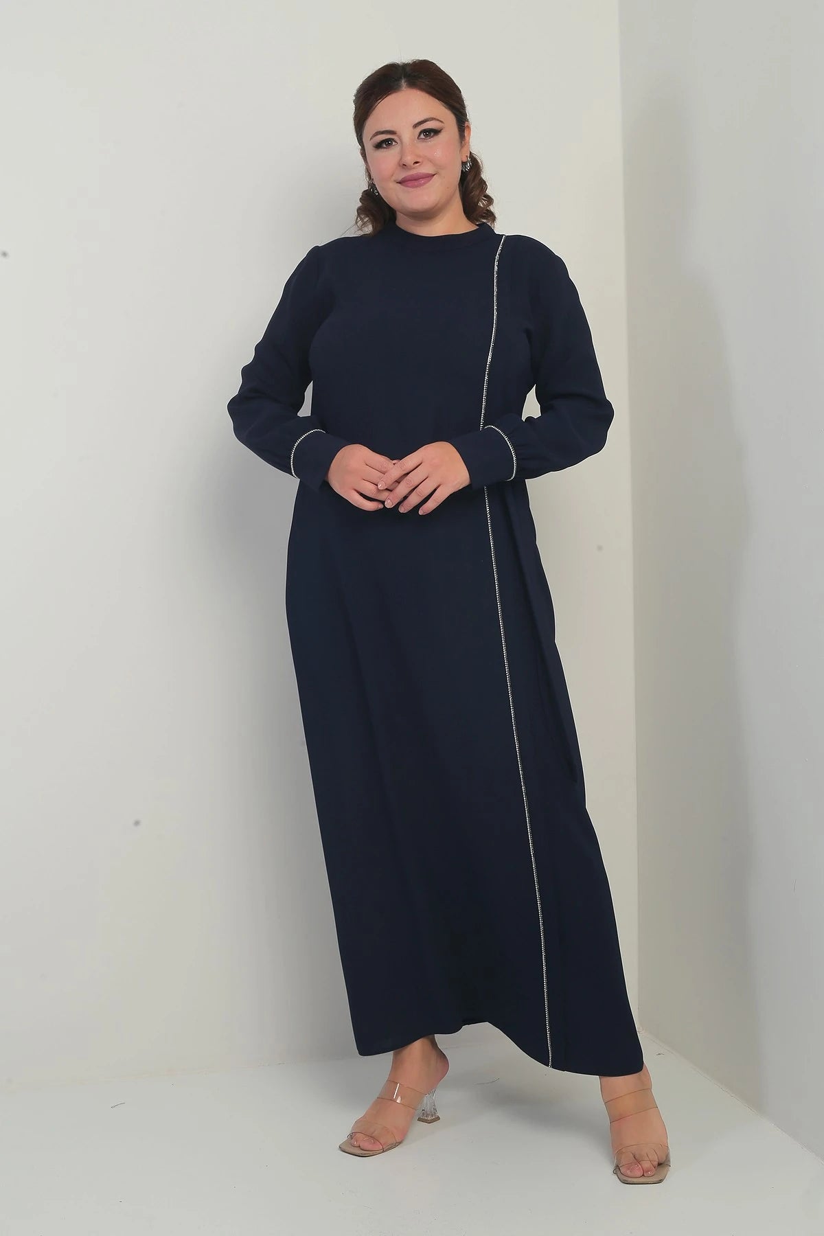 Image of Women's Plus Size Long Crepe Dress with Zippered Sleeves, Stone Embellishments, and Side Tie Closure