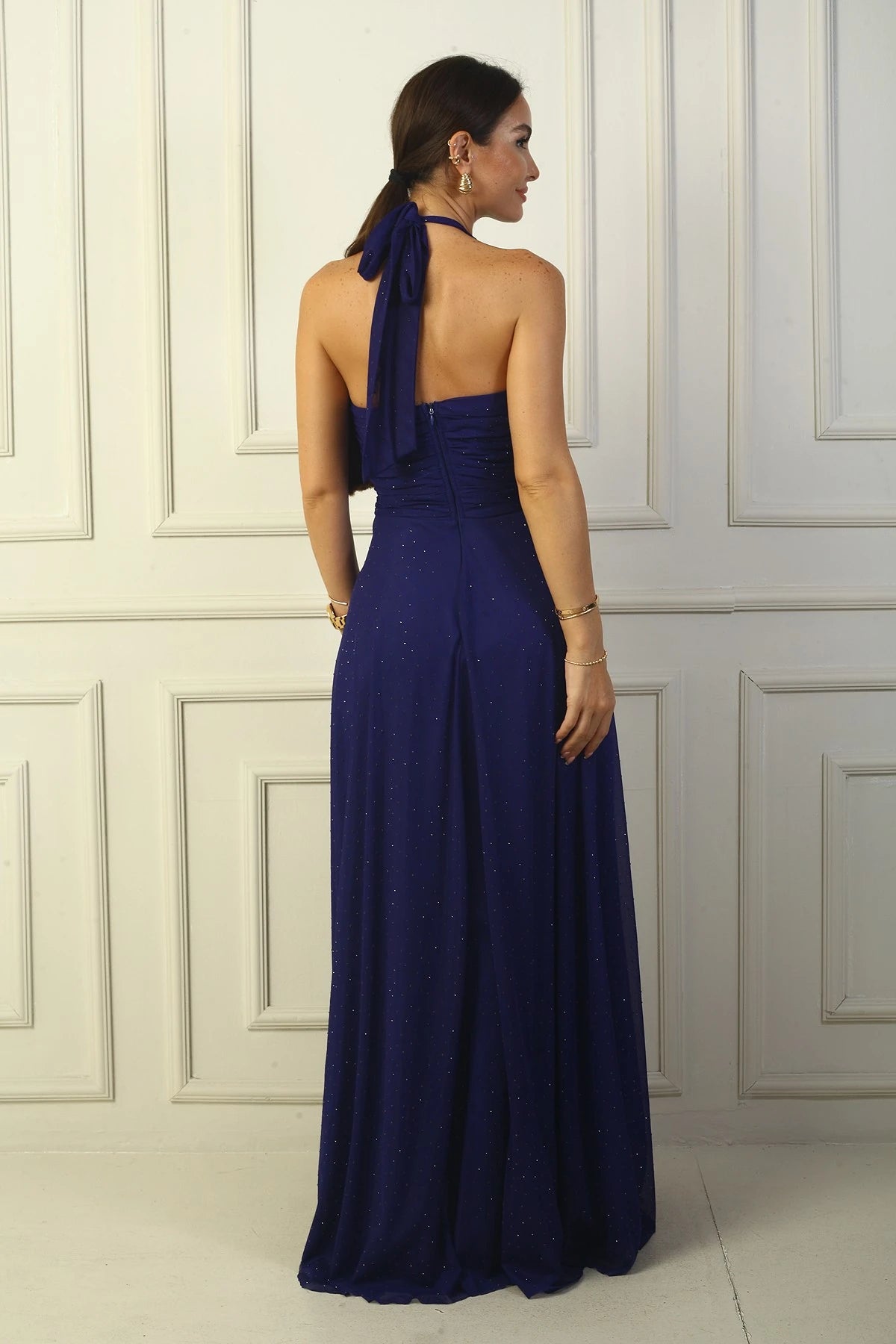 Image of Women's Halter Neck Stone Print Lined Long Tulle Dress