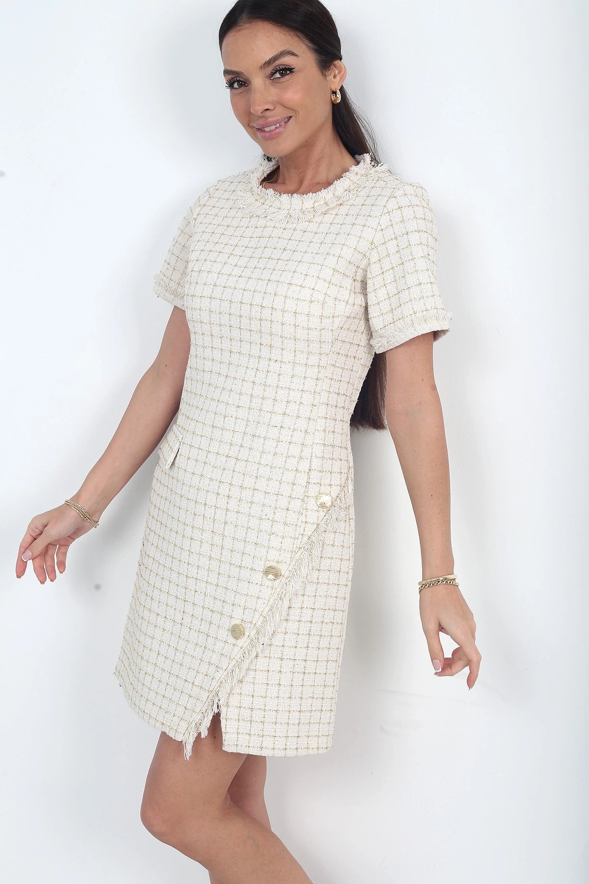 Image of Women's Button Detail Short Sleeve Tassel Chanel Short Dress