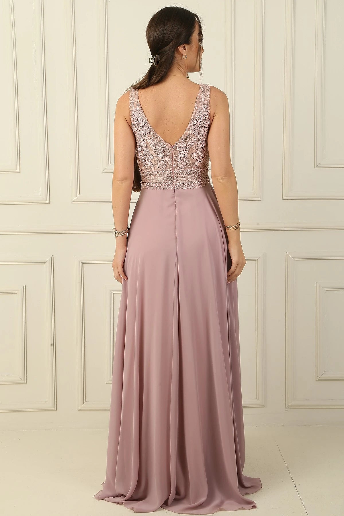 Image of Front and Back V-Neck Top Beaded Floral Motif Lined Long Chiffon Evening Dress