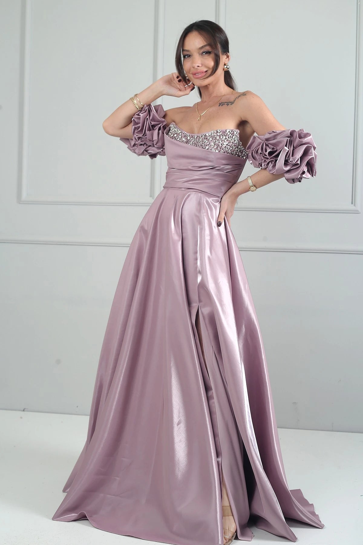 Image of Women's Strapless Balloon Sleeve Lined Long Satin Dress with Stone Embellishments
