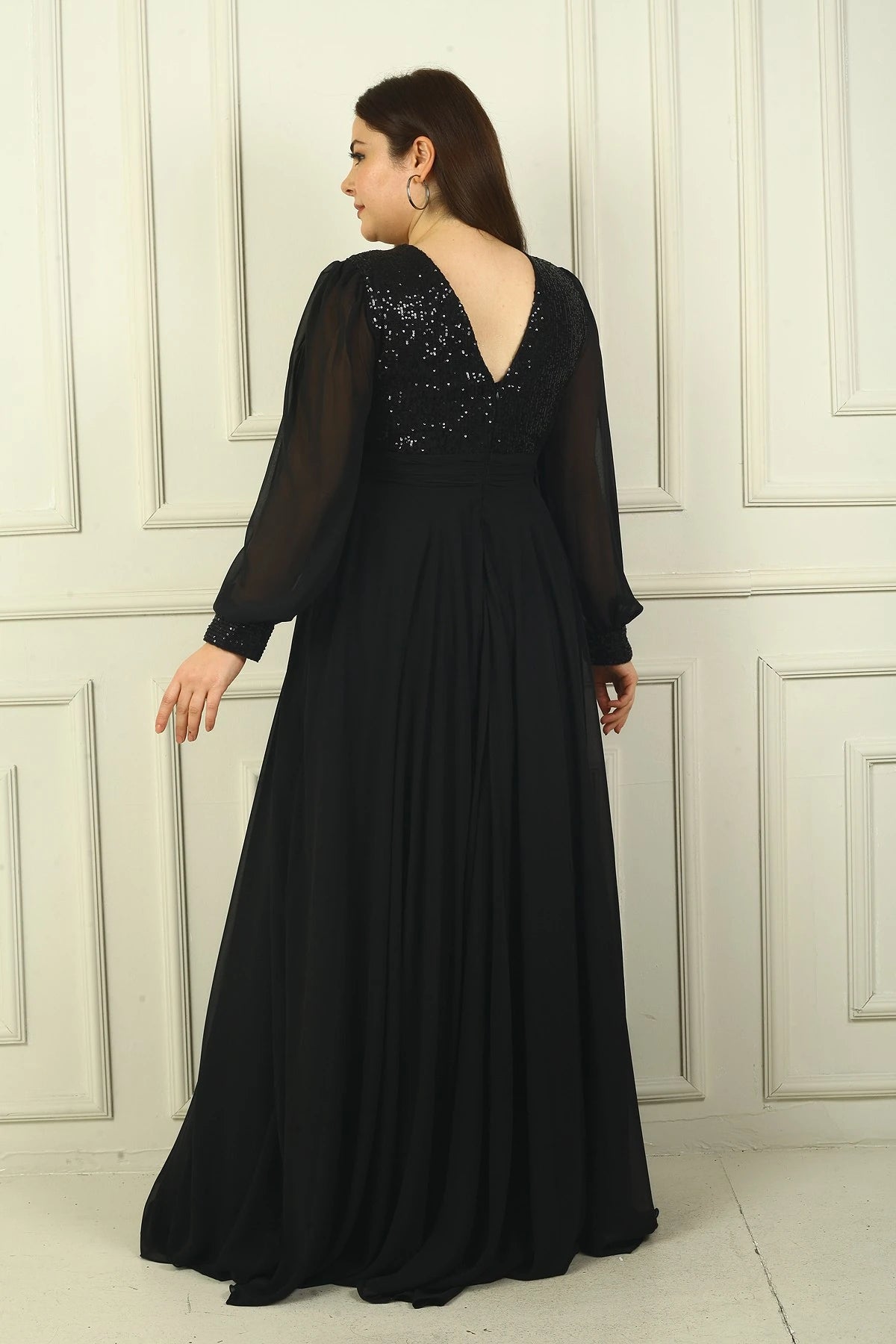 Image of Women's Front and Back V-Neck Sequined Lined Plus Size Long Chiffon Evening Dress