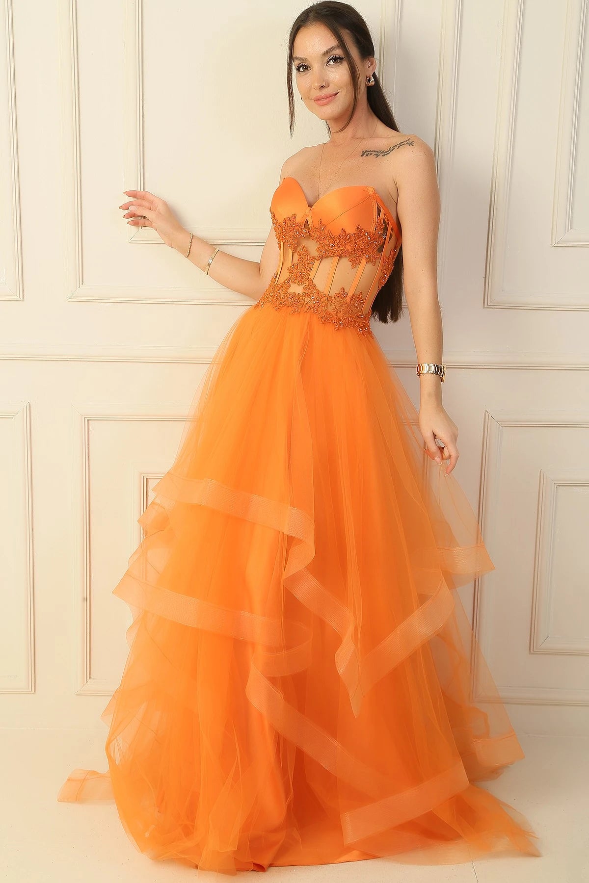 Image of Long, Layered Tulle Taffeta Evening Dress with Beaded Embellishments
