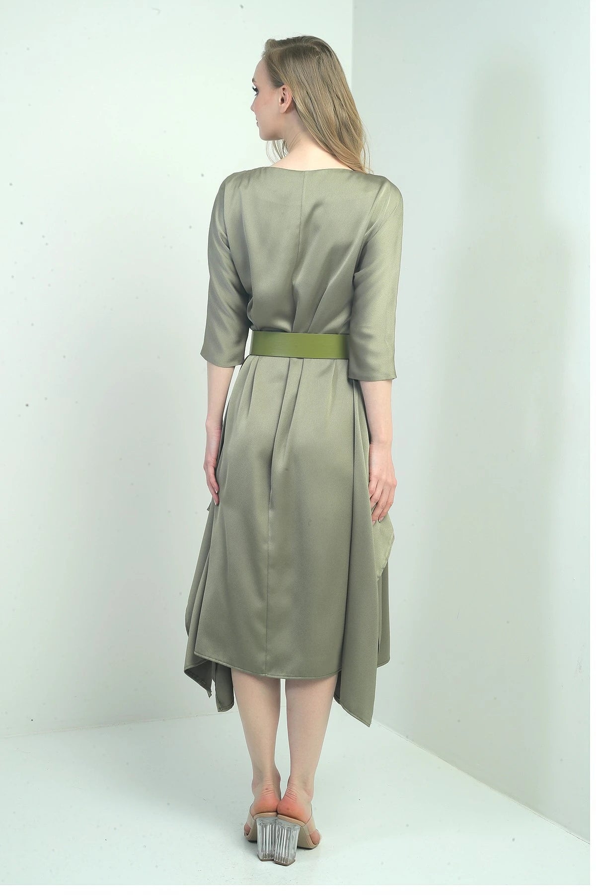 Image of Women's Quarter Sleeve Asymmetrical Crepe Satin Midi Dress with Belted Waist