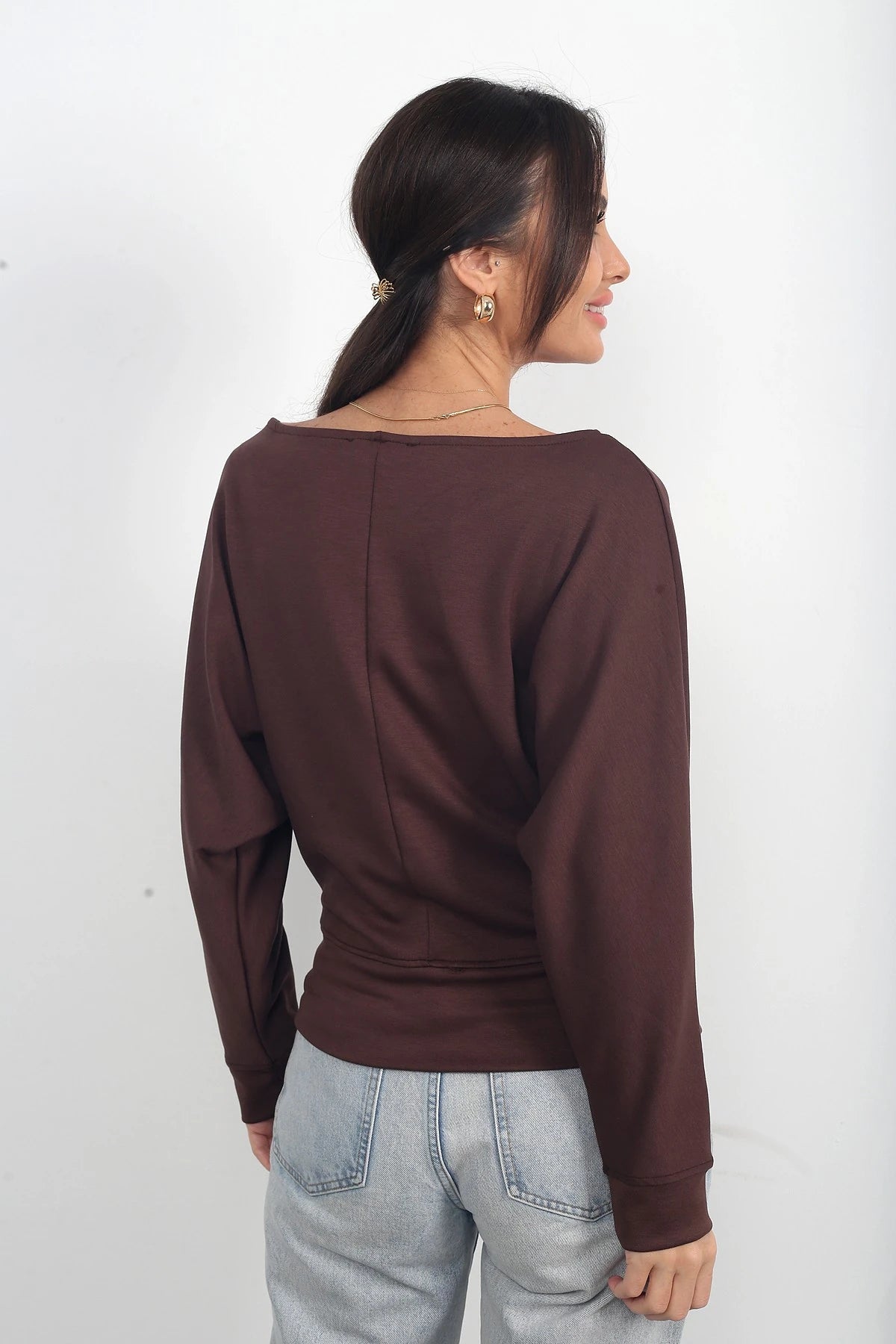 Image of Kadın Kayık Yaka Uzun Yarasa Kollu Modal Sweat