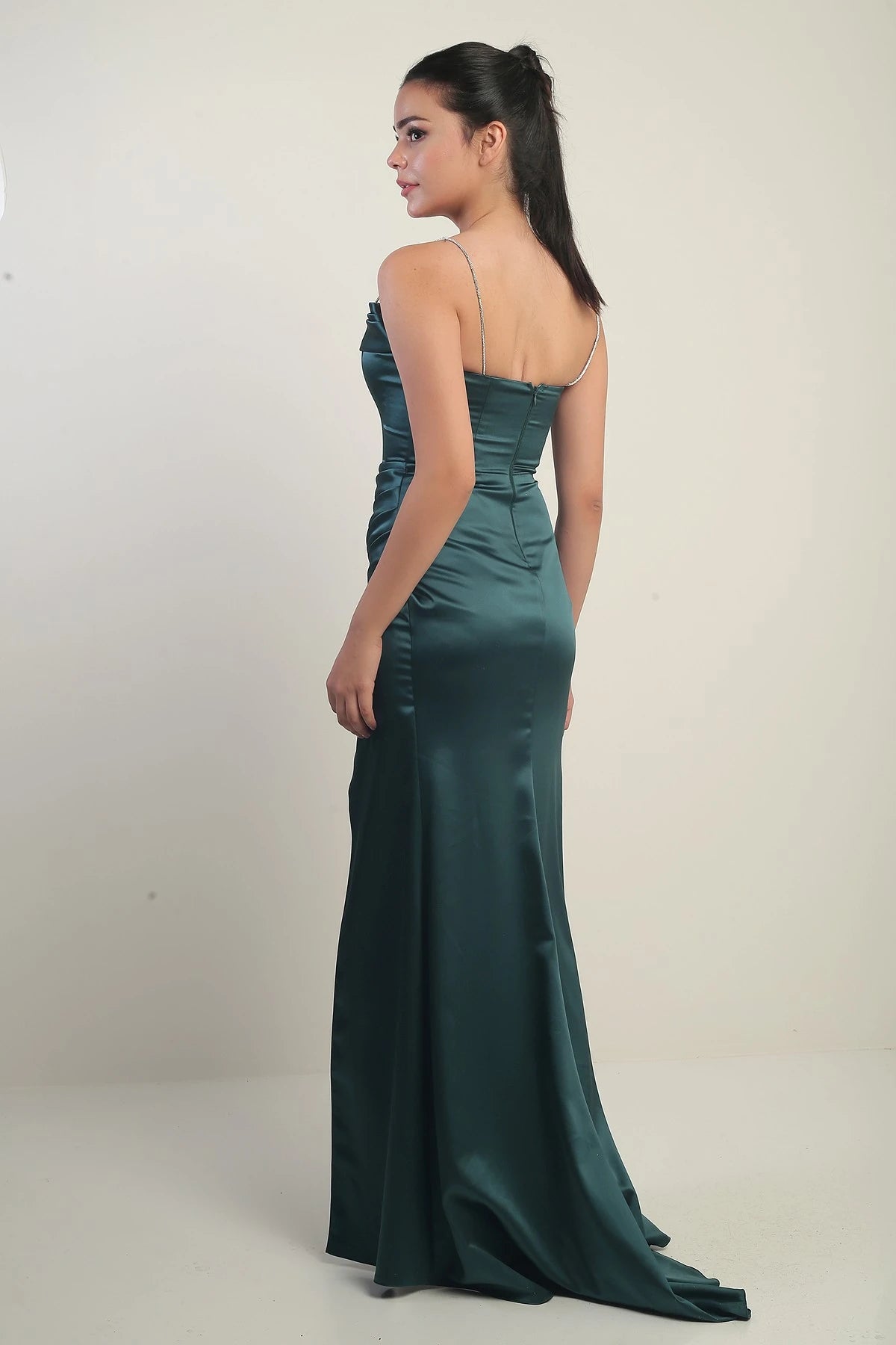 Image of Women's Shiny Strappy Deep Slit Front Gathered Pleated Long Satin Evening Dress