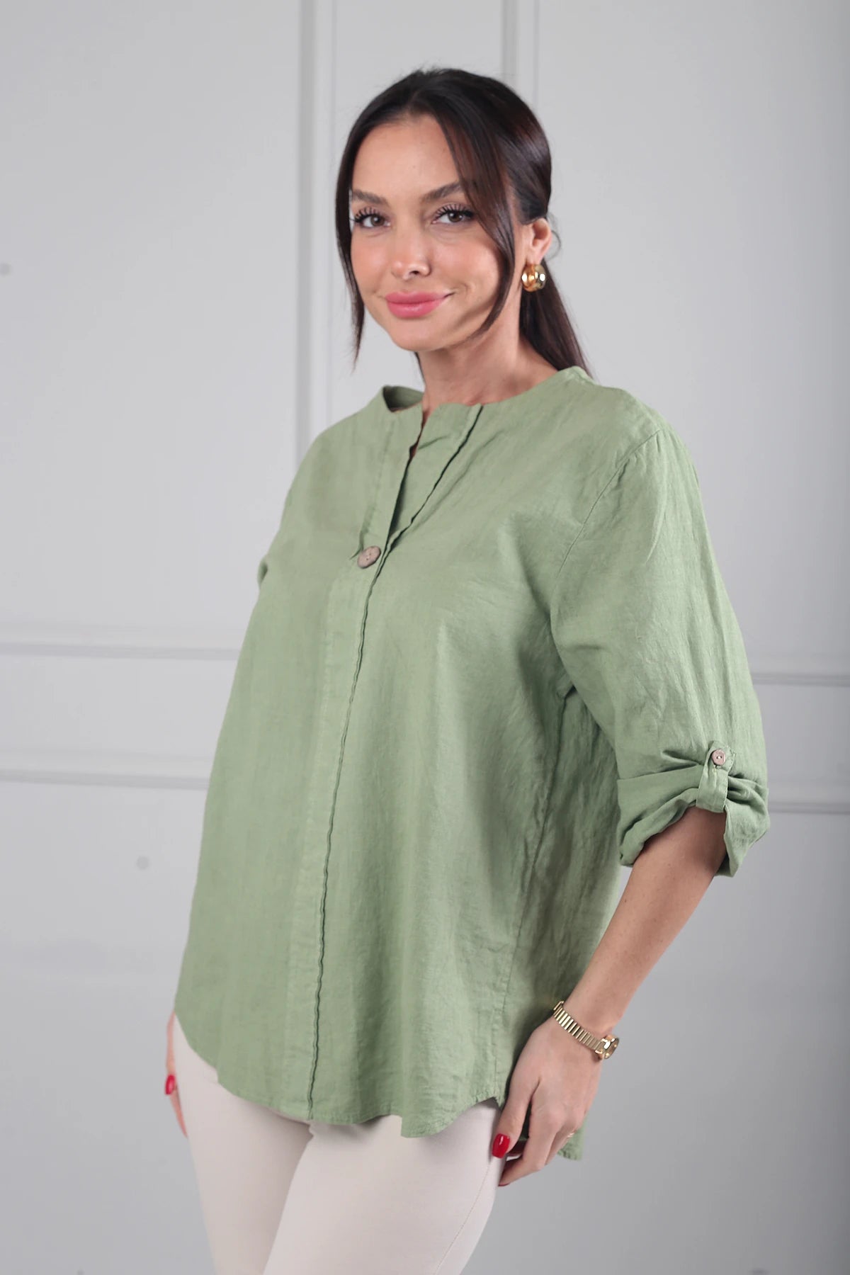 Image of Kadın Düğme Detaylı İtalyan Cotton Oversize Bluz