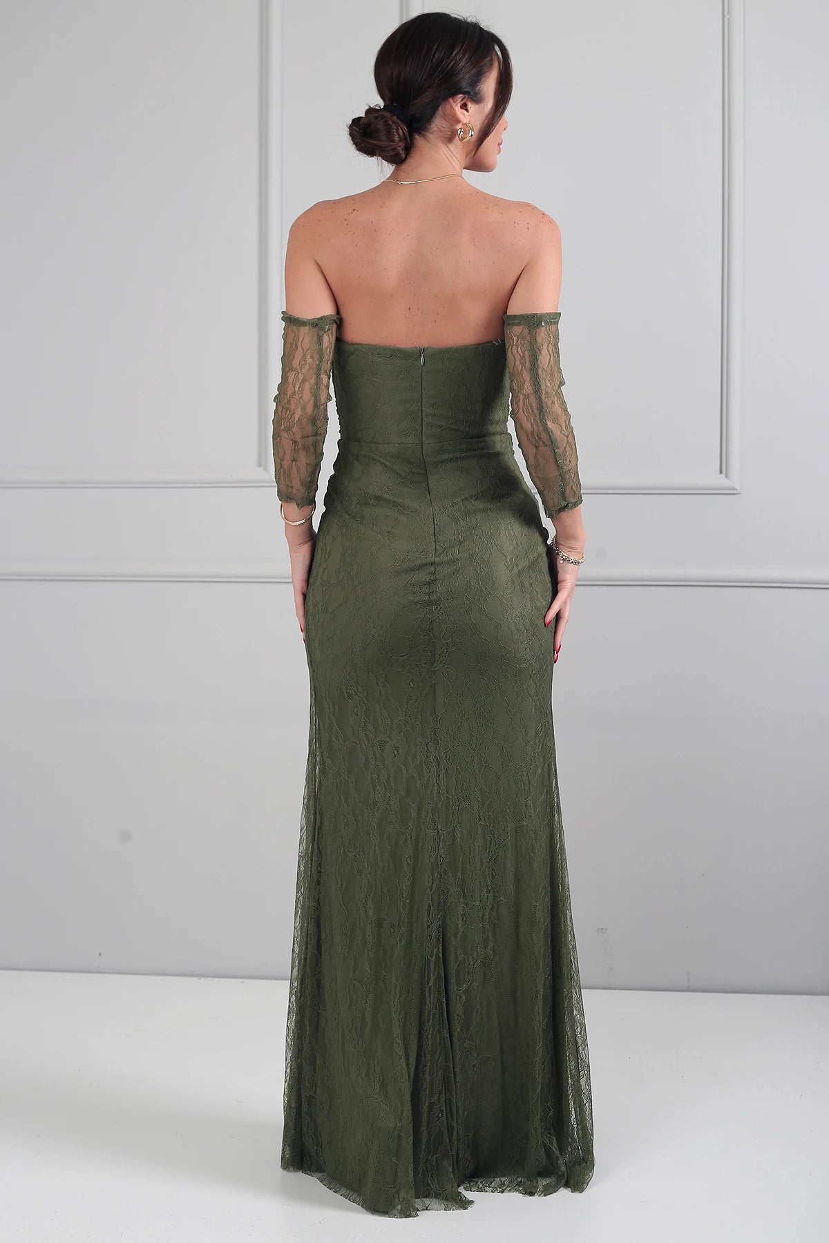 Image of Kadın 3 Parçalı Tasarım Abiye Straplez Önü Büzgülü Astarlı Uzun Elbise Dik Yaka Dantel Bluz