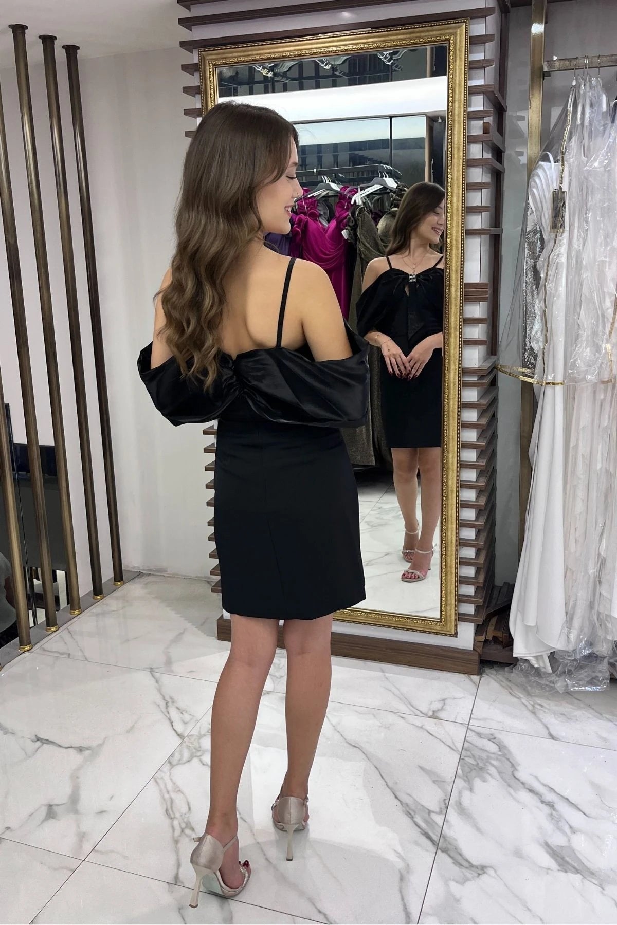 Image of Women's Strappy Satin Short Dress with Stone Embellishments and Lining, and Bow Detail