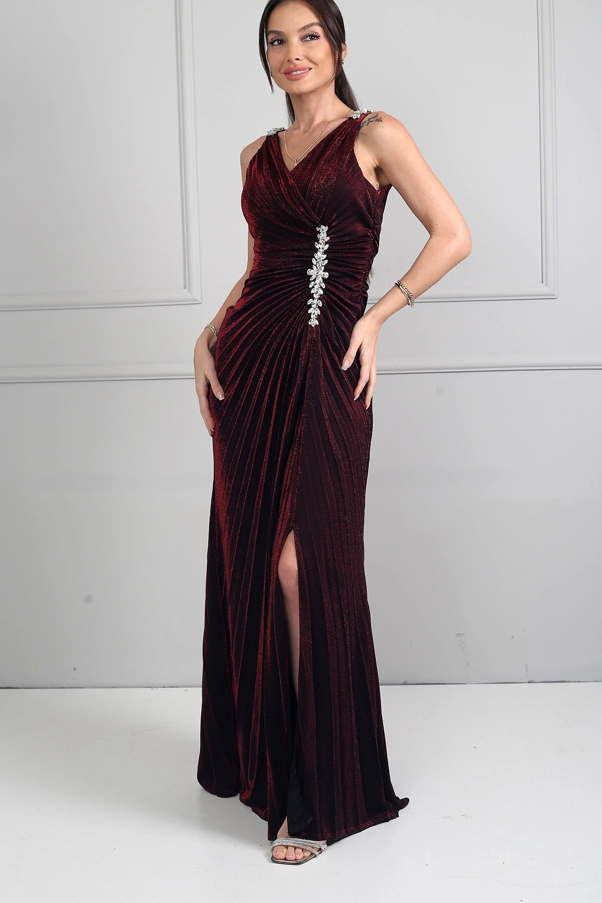 Image of Women's Wrap Neckline Long Evening Dress with Thick Shoulder Stone Detail, Stone Embellished Front, Gathered, and Slit