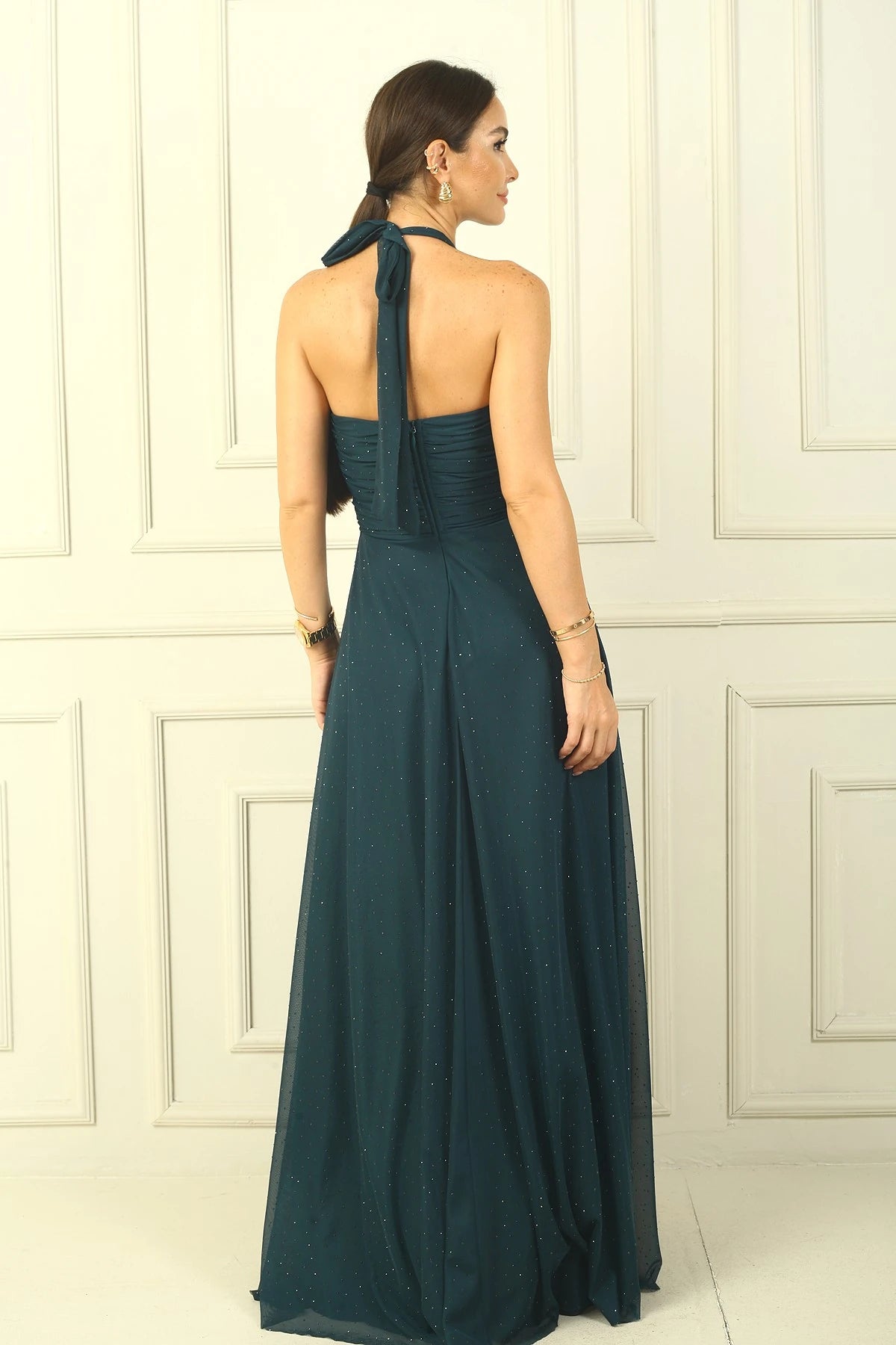 Image of Women's Halter Neck Stone Print Lined Long Tulle Dress