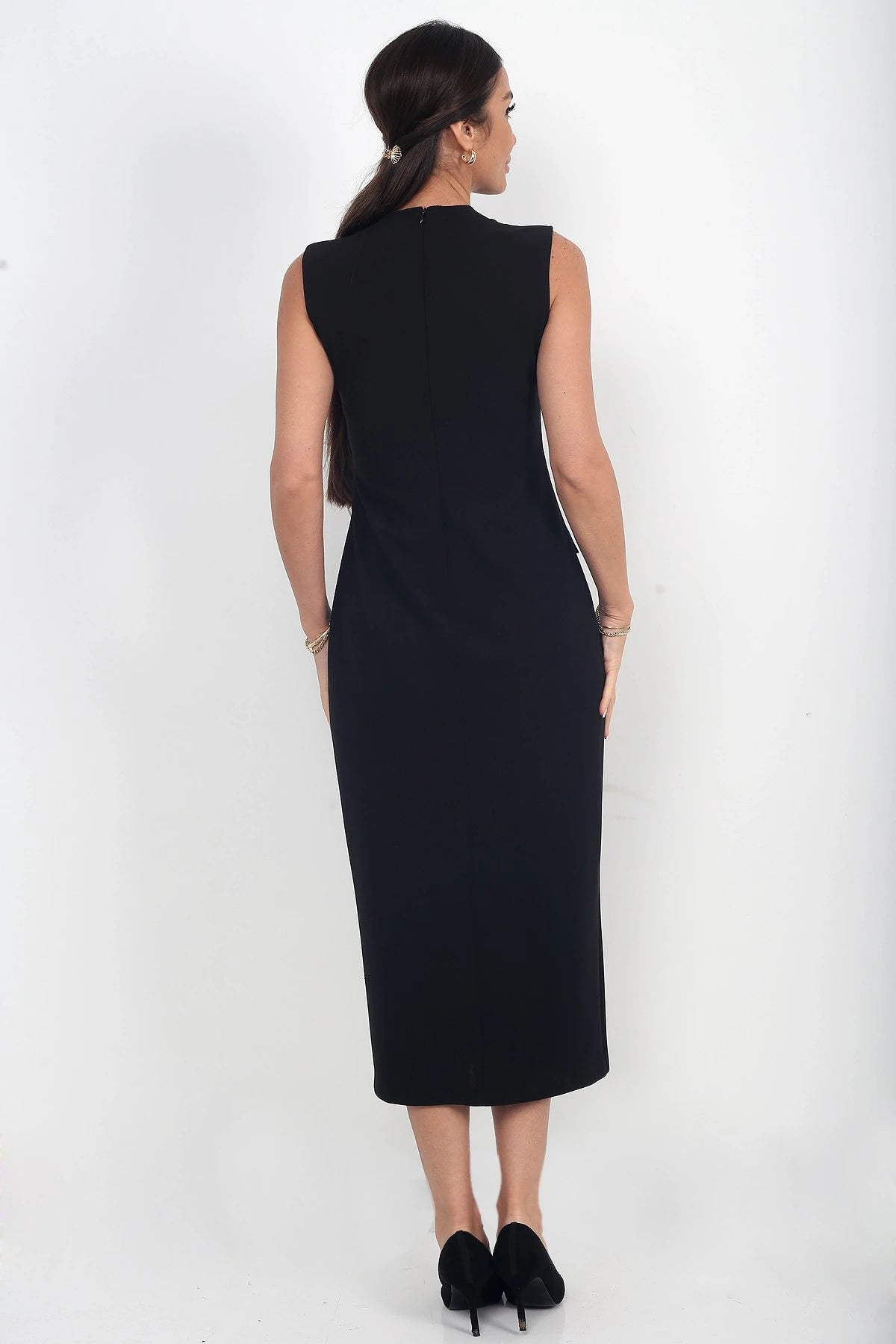 Image of Women's Crepe Midi Dress with Button Front and Pocket Detail, Slit, and Buckle Closure
