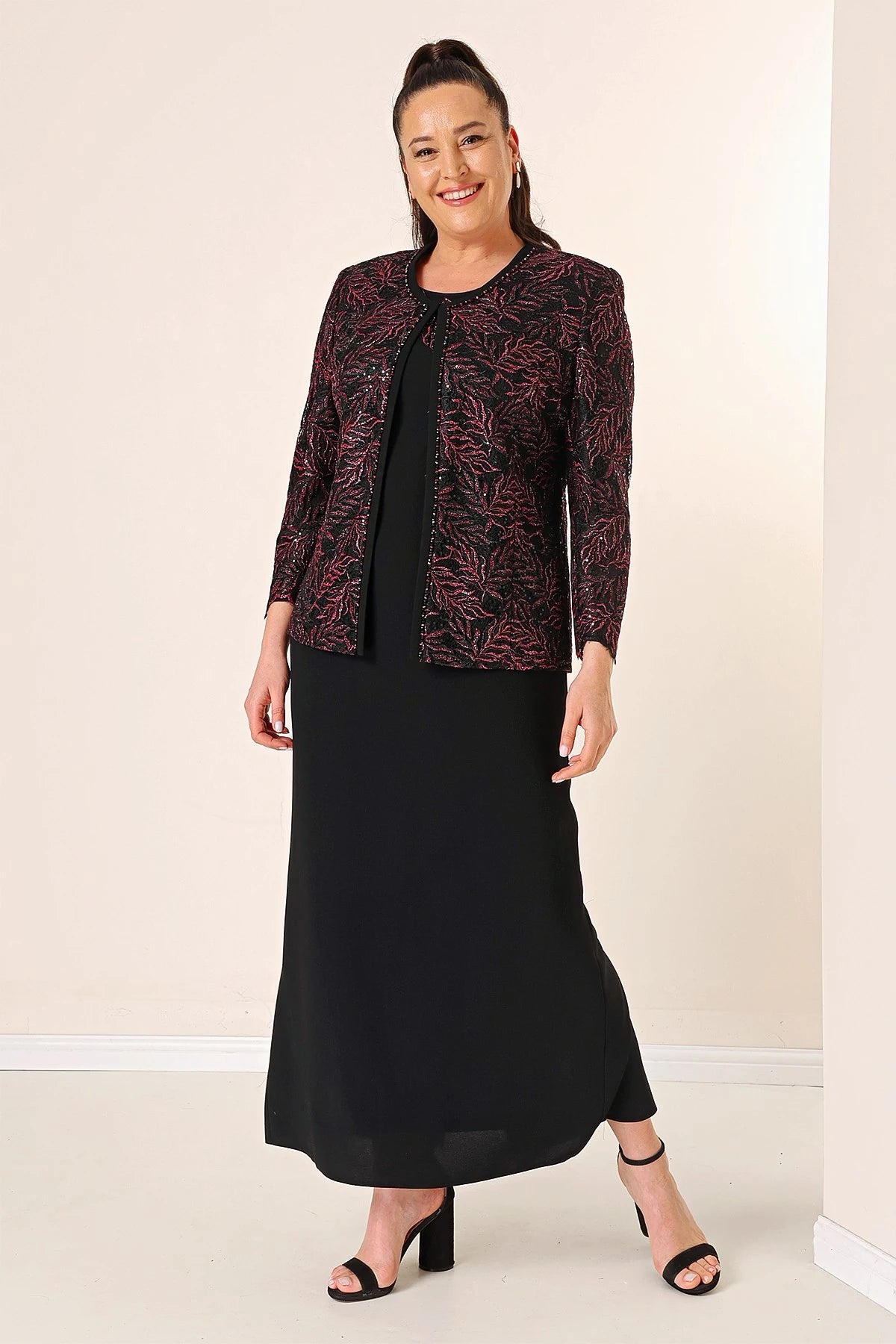 Image of Long Dress with Beaded Collar, Plus Size Two-Piece Set with Beaded and Sequin Embroidered Jacket, Lined.