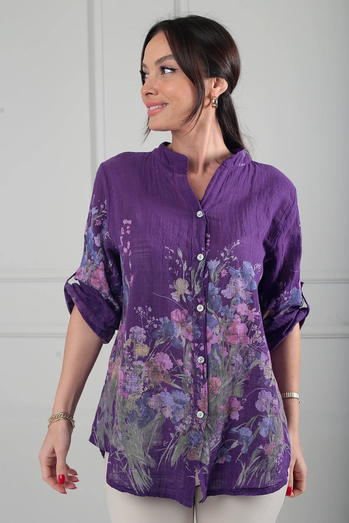Image of Kadın Çiçek Desenli İtalyan Cotton Oversize Gömlek