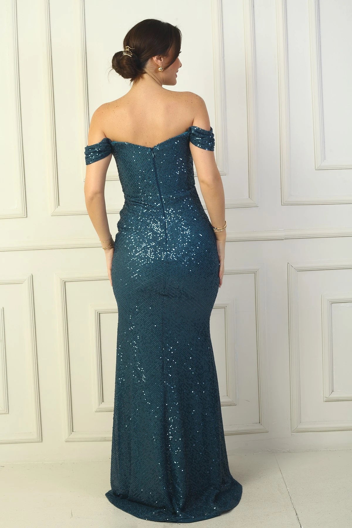 Image of Thick-strapped, lined, ruched front sequined long dress