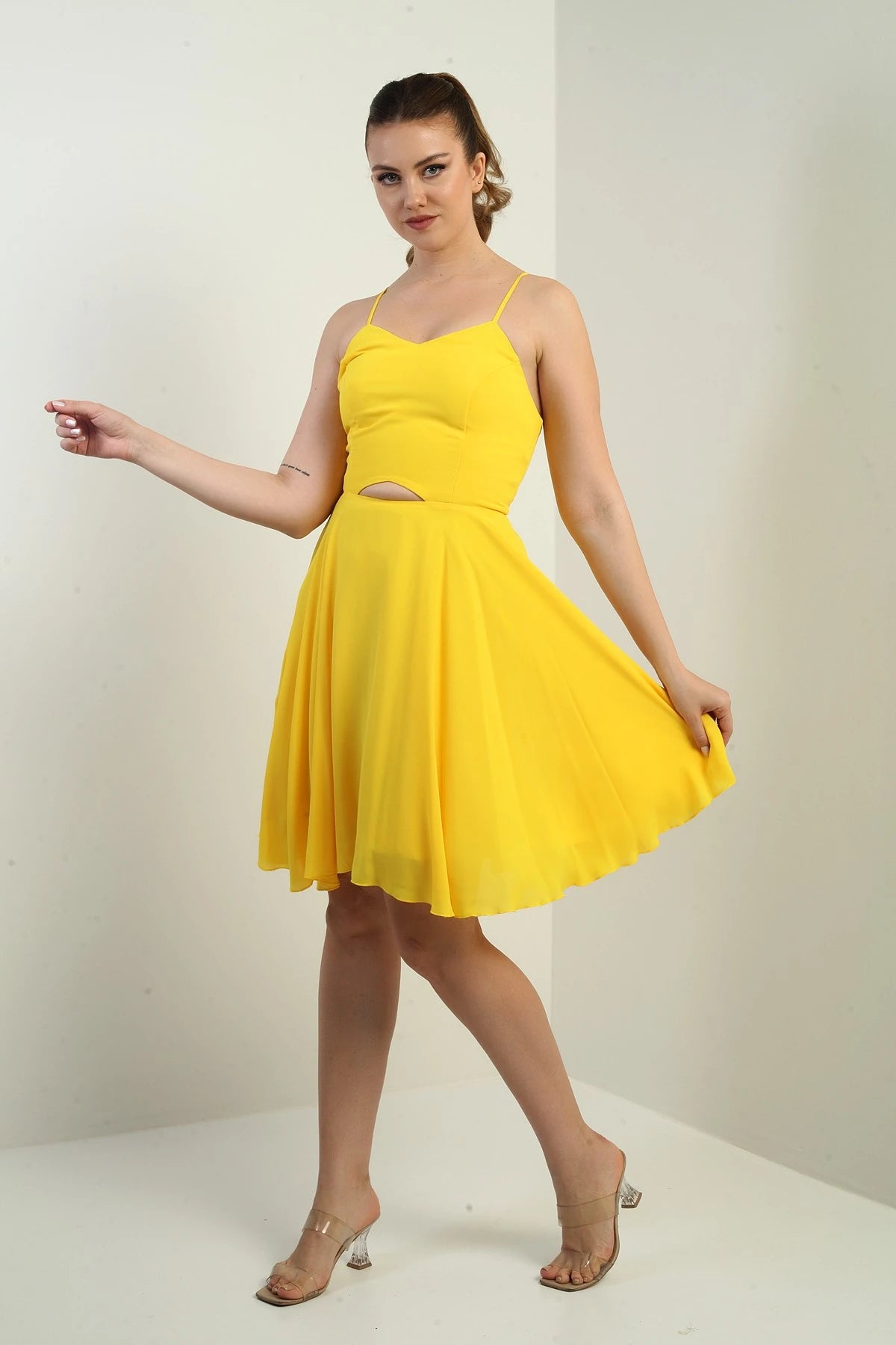 Image of Women's Strappy, Back-Tie, Front-Opening, Lined Chiffon Short Flared Dress