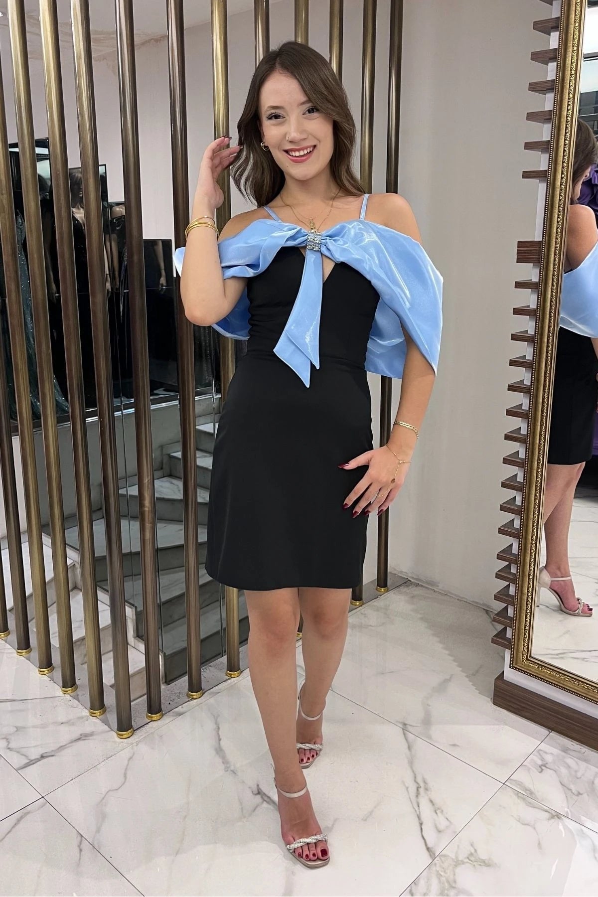 Image of Women's Strappy Satin Short Dress with Stone Embellishments and Lining, and Bow Detail