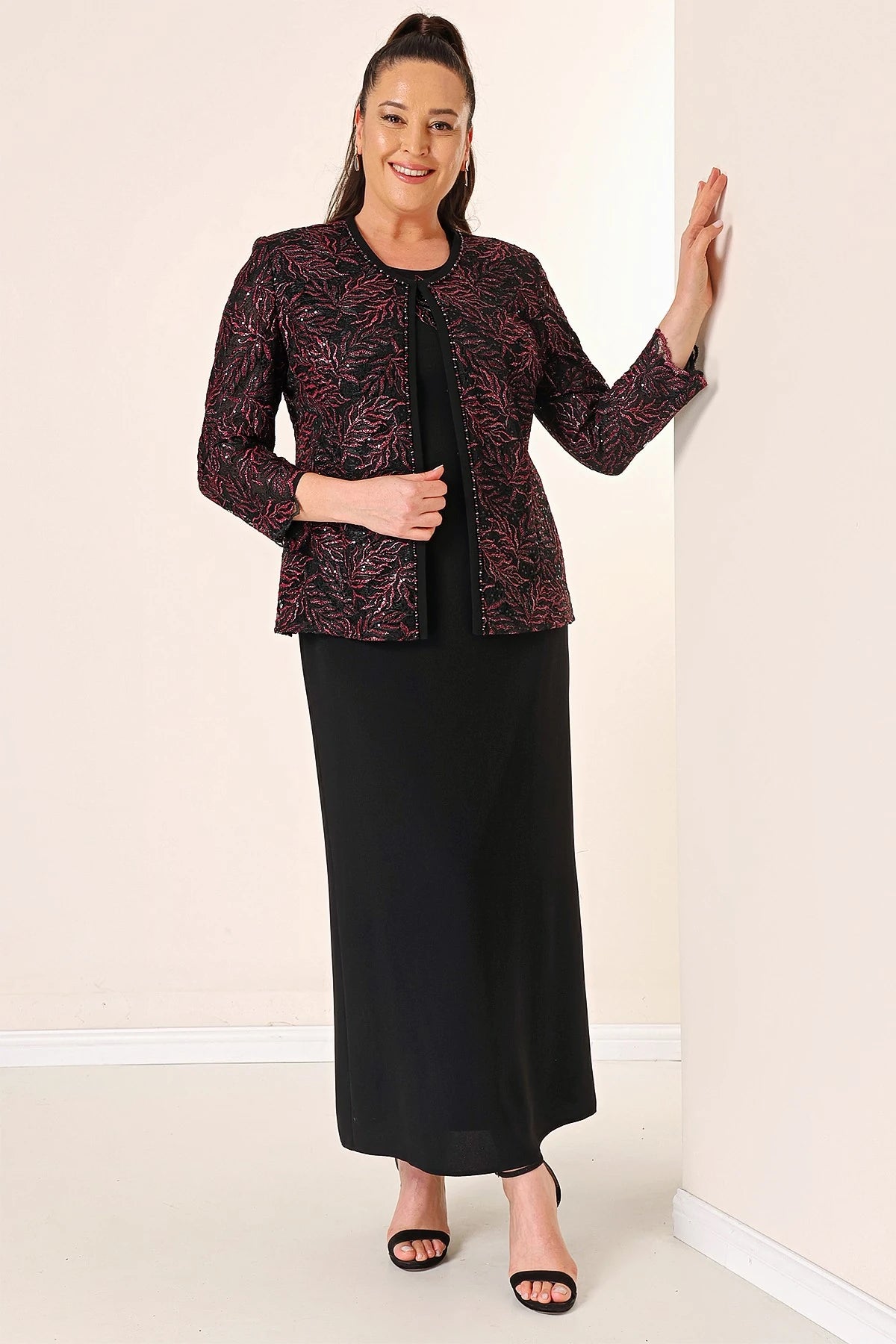 Image of Long Dress with Beaded Collar, Plus Size Two-Piece Set with Beaded and Sequin Embroidered Jacket, Lined.