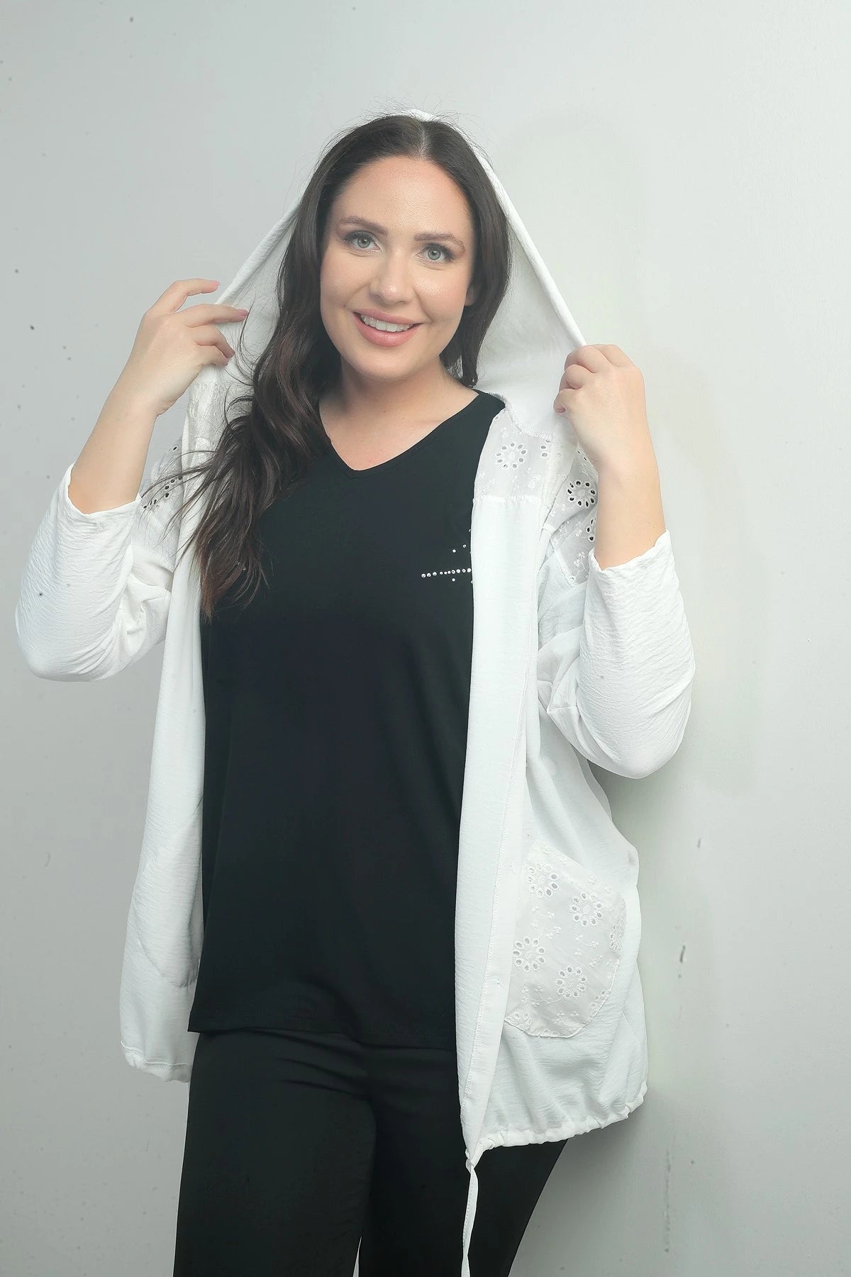 Image of Women's Hooded, Button-Front, Pocketed, Ruffled Plus Size Cardigan