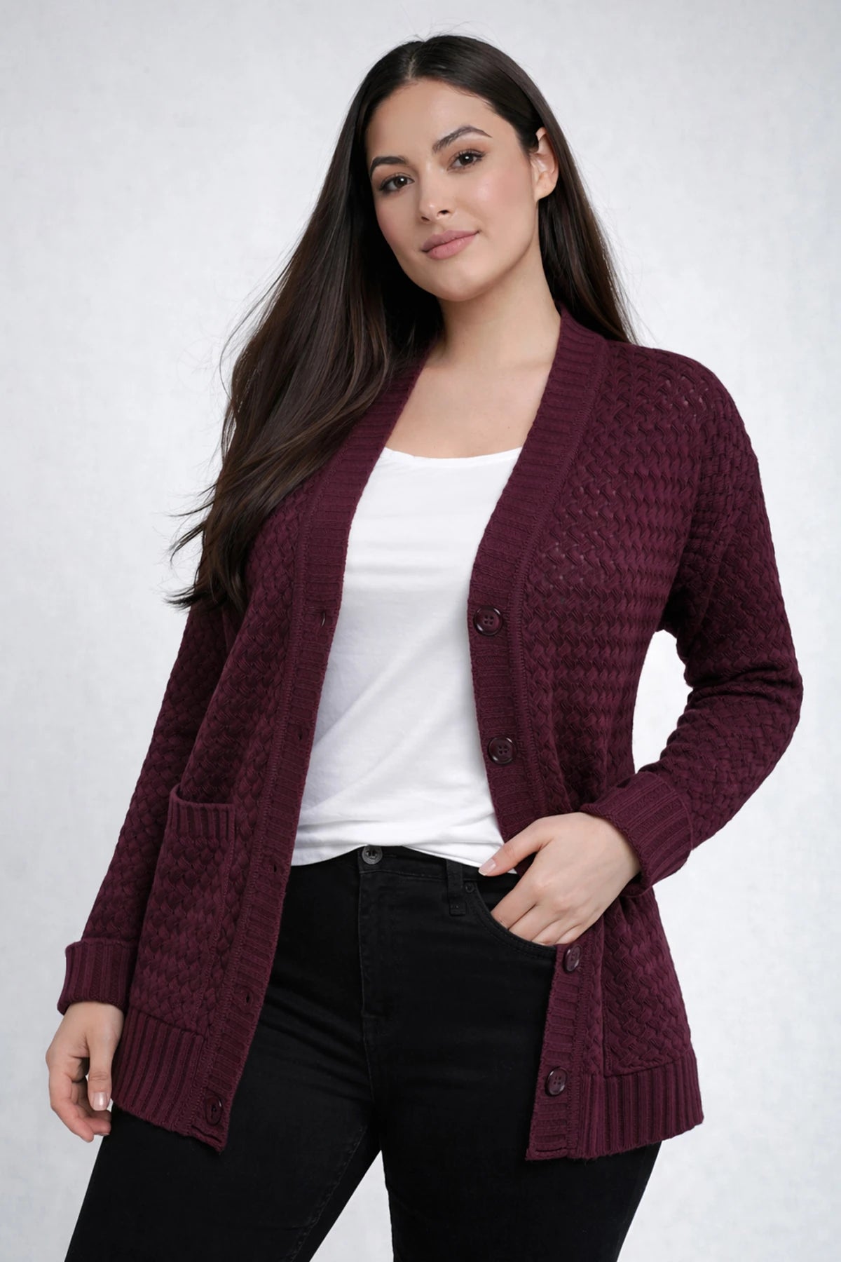 Image of Women's Basket Weave Pattern Pocketed Tunic Cardigan