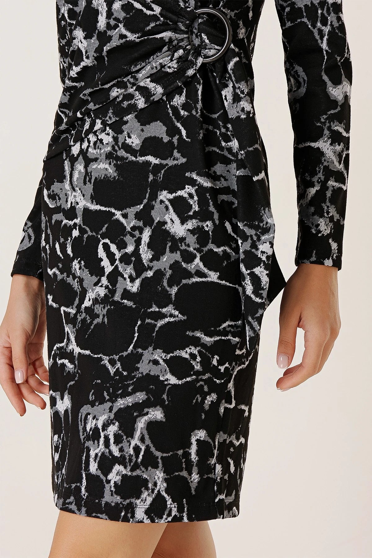 Image of Wrap Neck Buckle Detail Patterned Lycra Dress