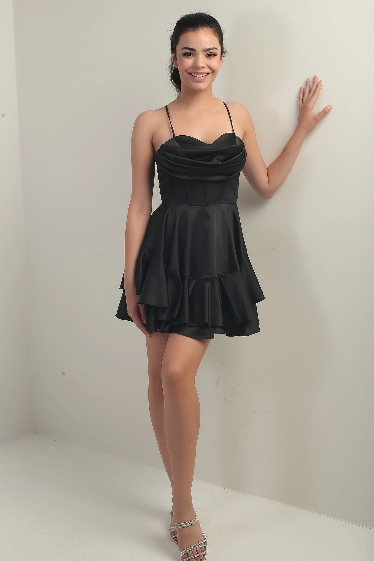 Image of Women's Strappy Back Tie Underwired Short Satin Dress with Layered Lining