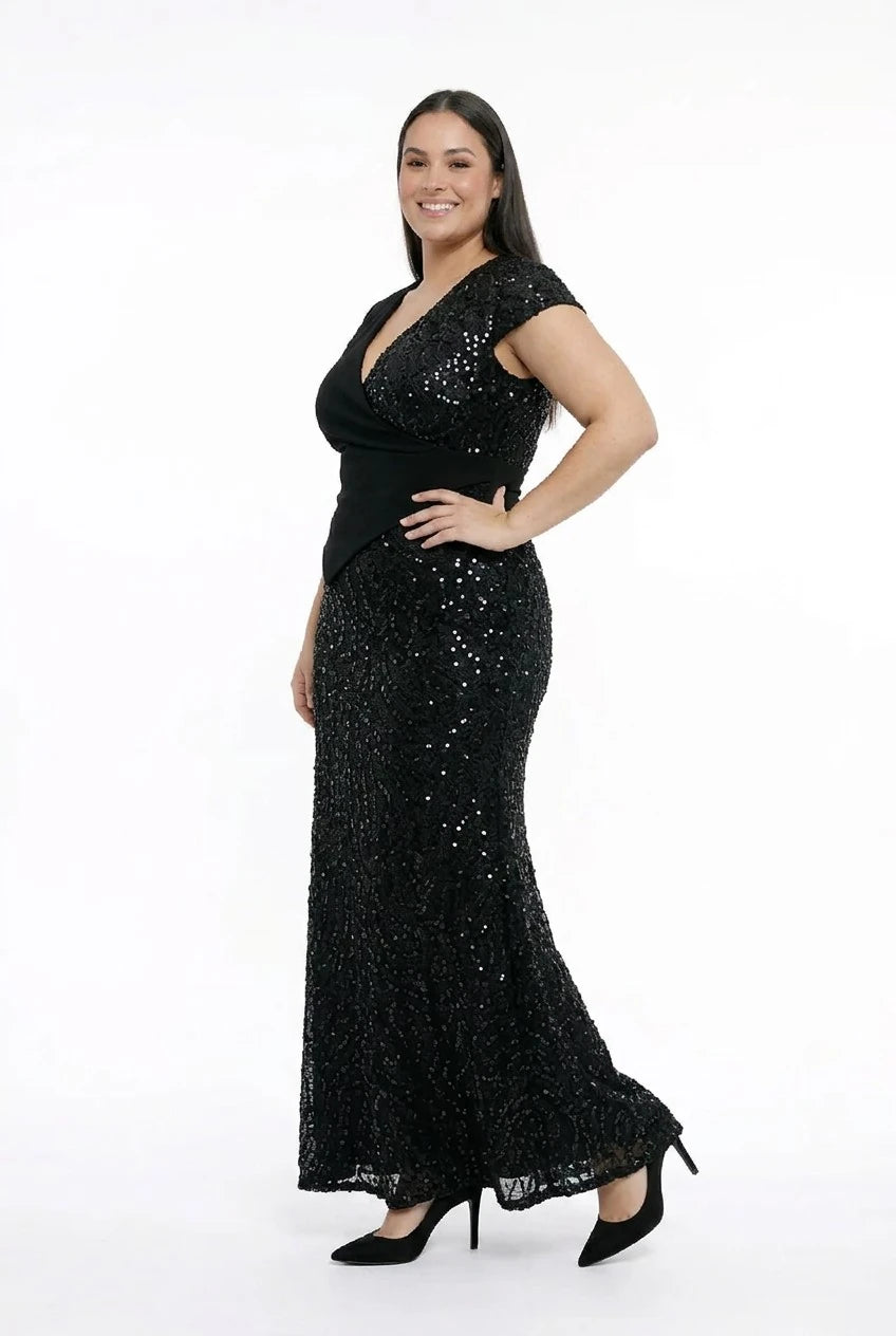 Image of Women's Vest-Style Half-Moon Sleeved Lined Sequined and Beaded Plus Size Long Dress