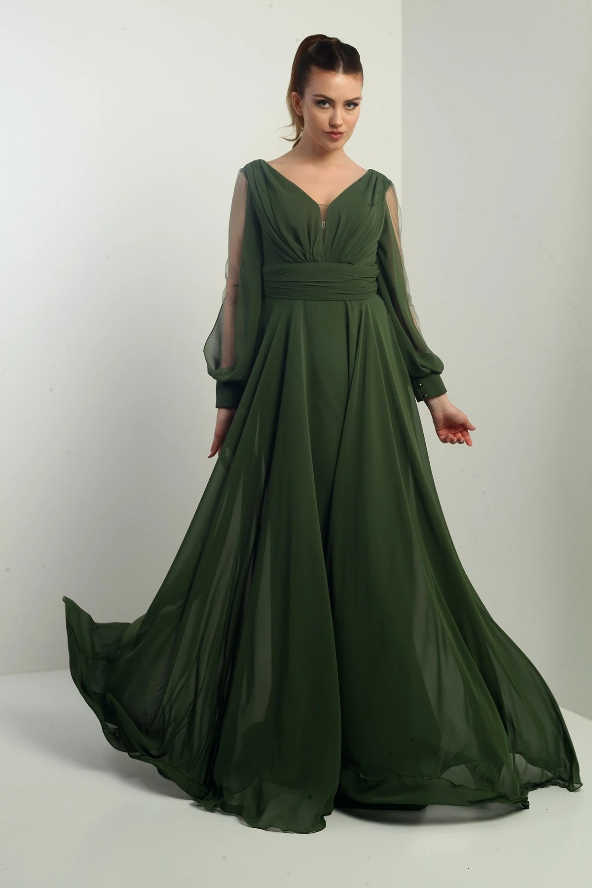 Image of Front and back V-neck, draped front, tulle sleeves, lined, wide-length chiffon dress.