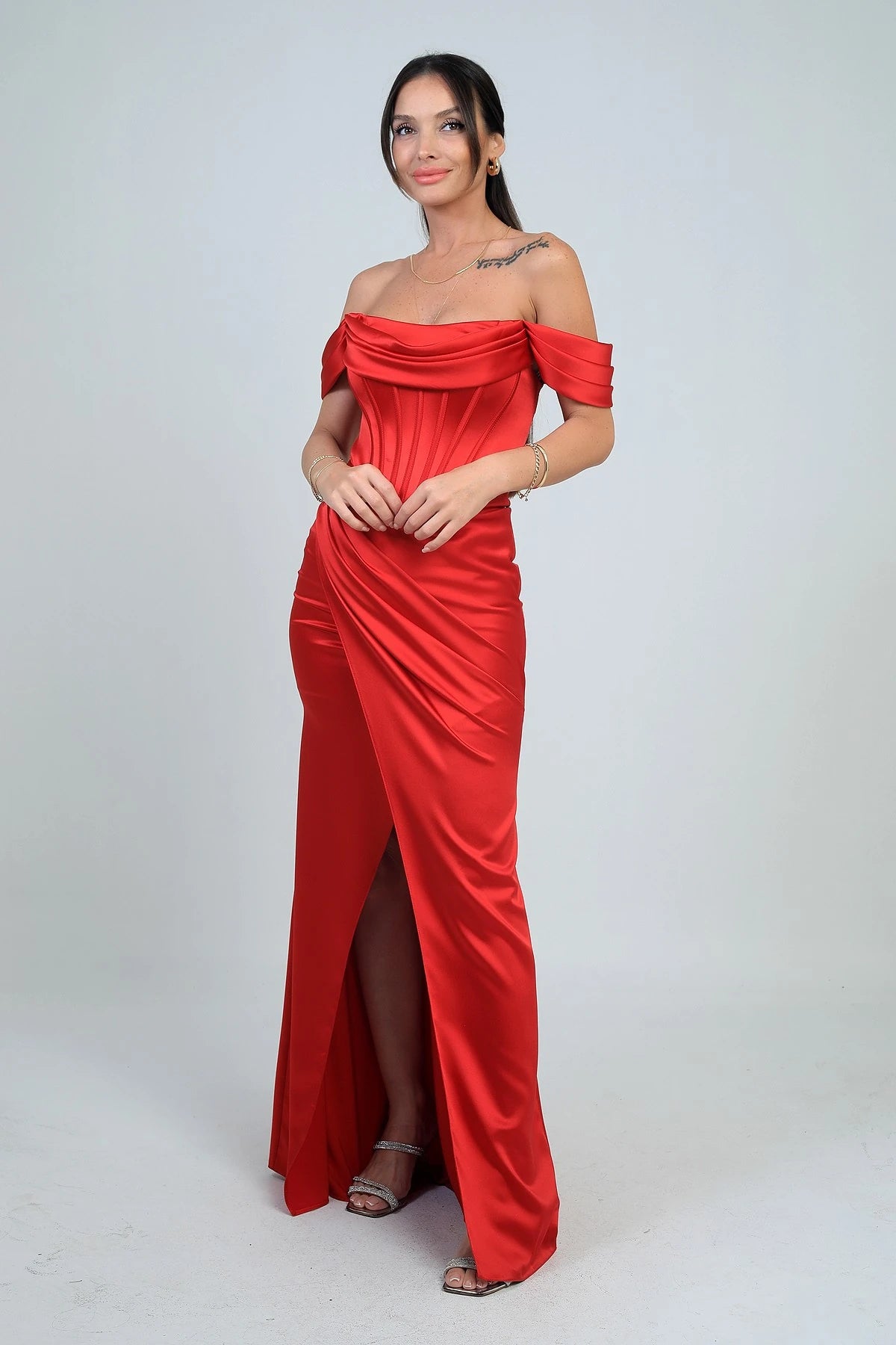 Image of Women's Strapless Low-Sleeve Lined Underwired Satin Long Dress