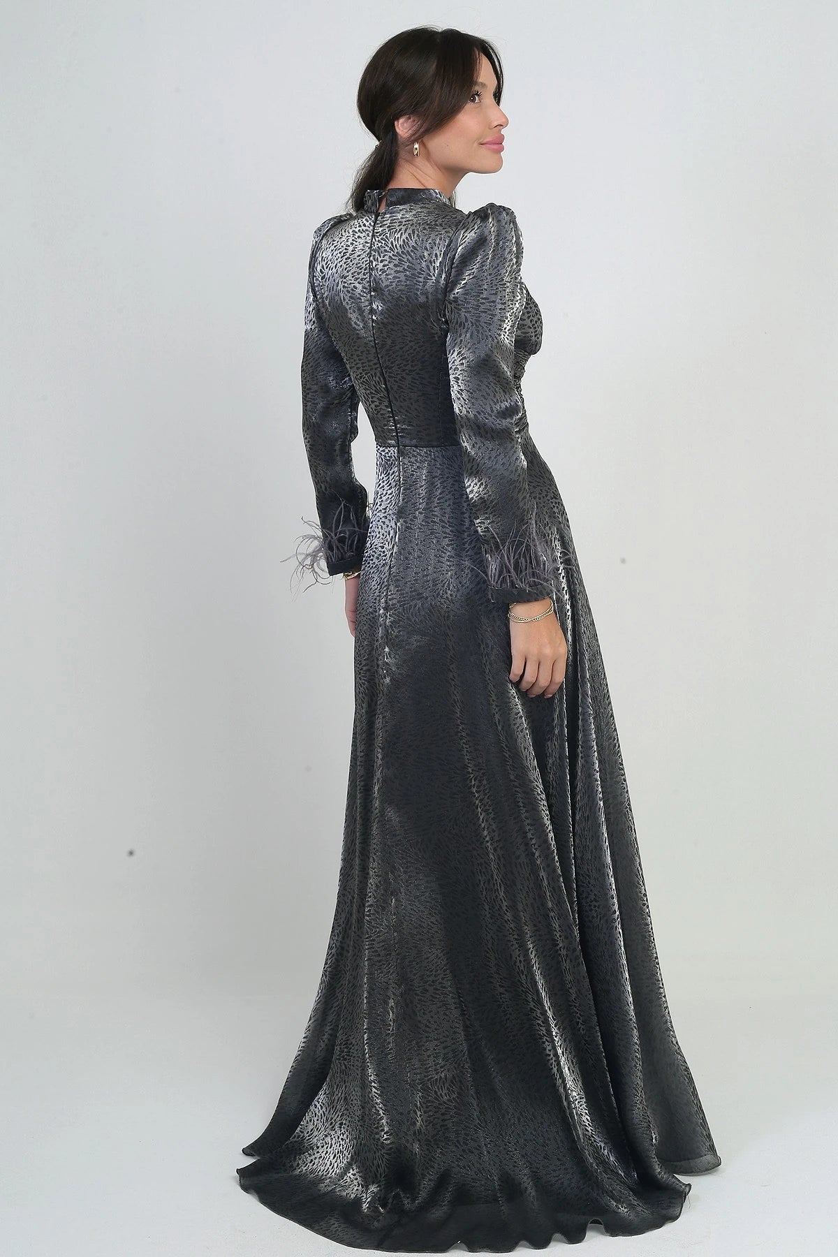 Image of Women's Long Flared Dress in Griter Chiffon with Draped Front, Ruffle Detail, Lined, and Feathered Sleeves.