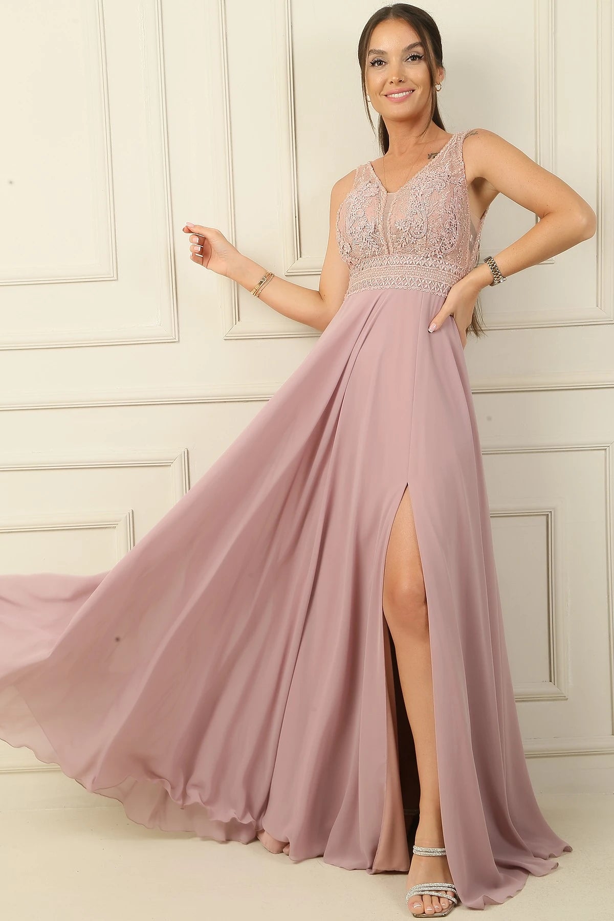 Image of Front and Back V-Neck Top Beaded Floral Motif Lined Long Chiffon Evening Dress