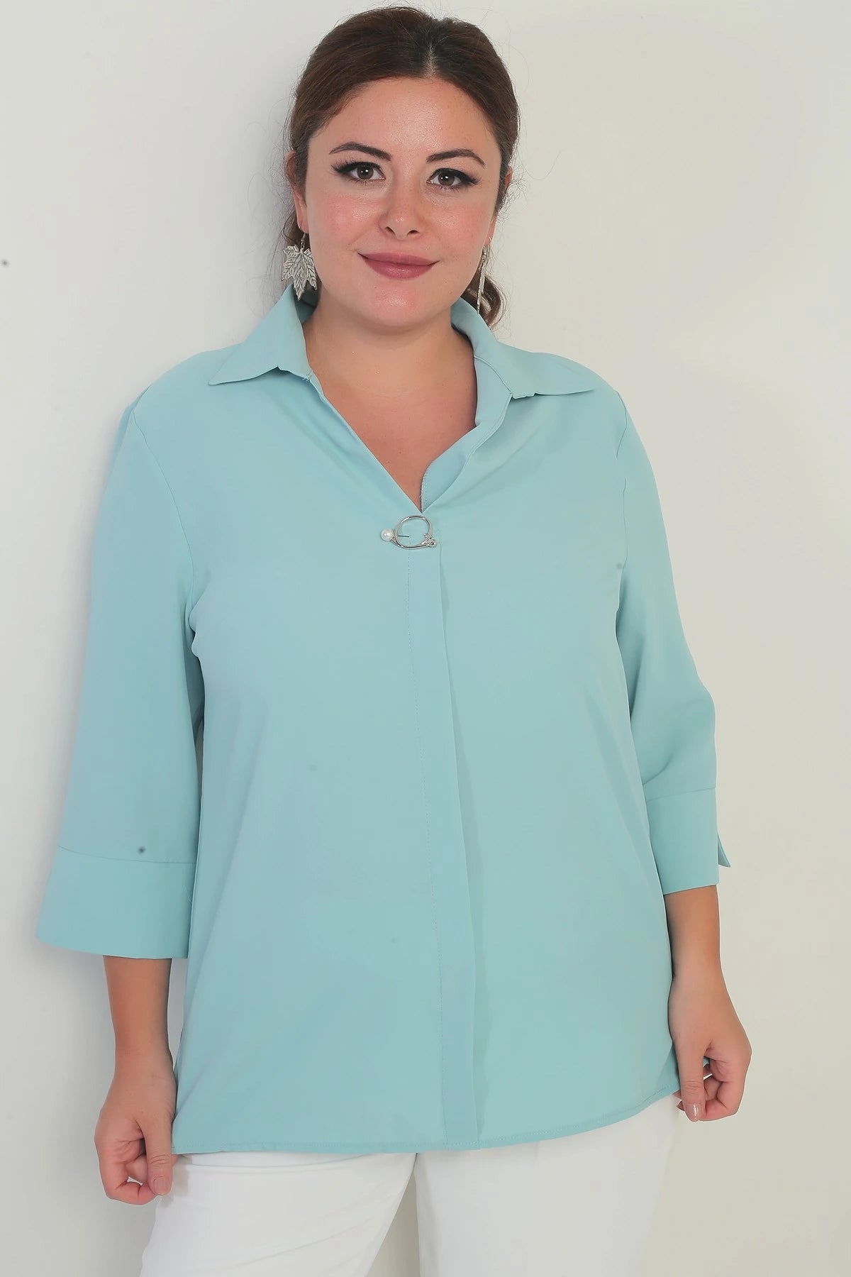 Image of Polo Yaka Çeyrek Kol Büyük Beden Bluz
