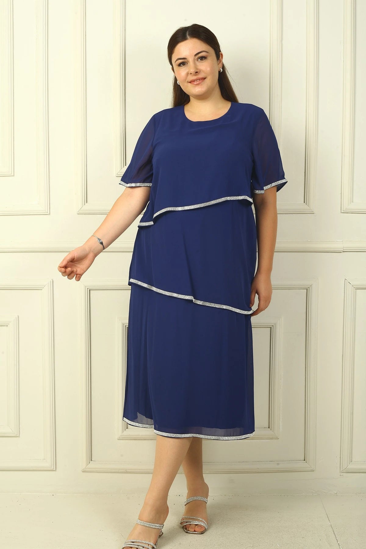 Image of Women's Plus Size Dress with Stone Embellishments, Lined, Short Sleeves, and Three Layers of Chiffon.