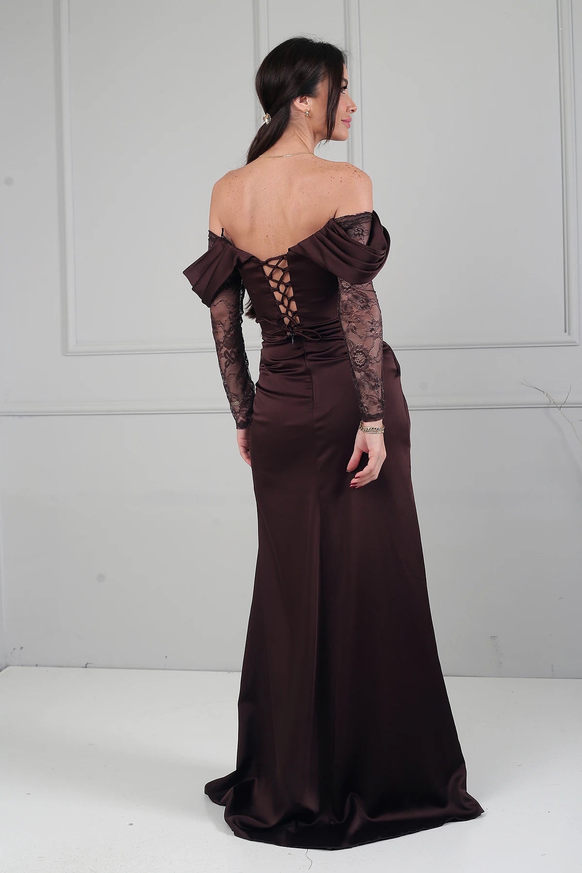 Image of Women's Boat Neck Lace Sleeve Lined Long Satin Dress