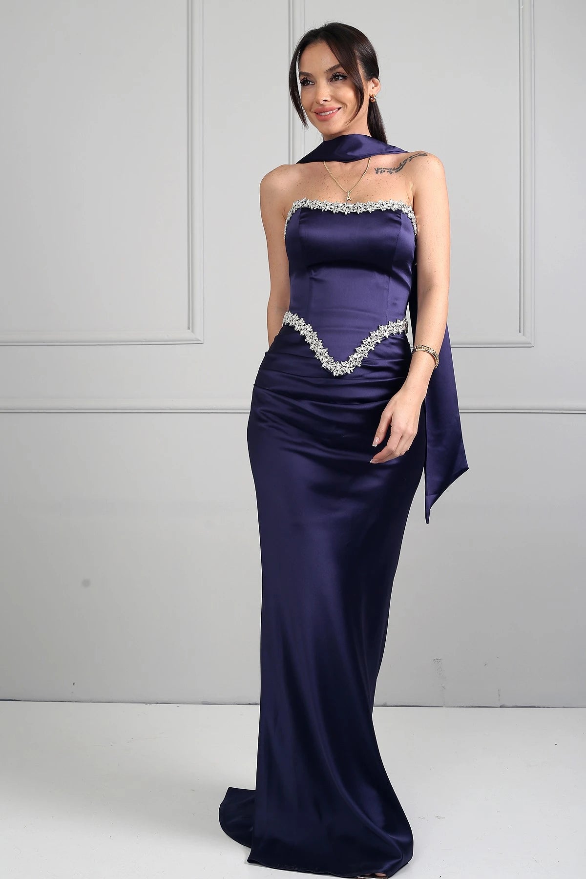 Image of Women's Strapless, Sheer Strap, Lined, Sparkling Stone Detail, Draped Front, Bias-Shaped Skirt Satin Long Dress