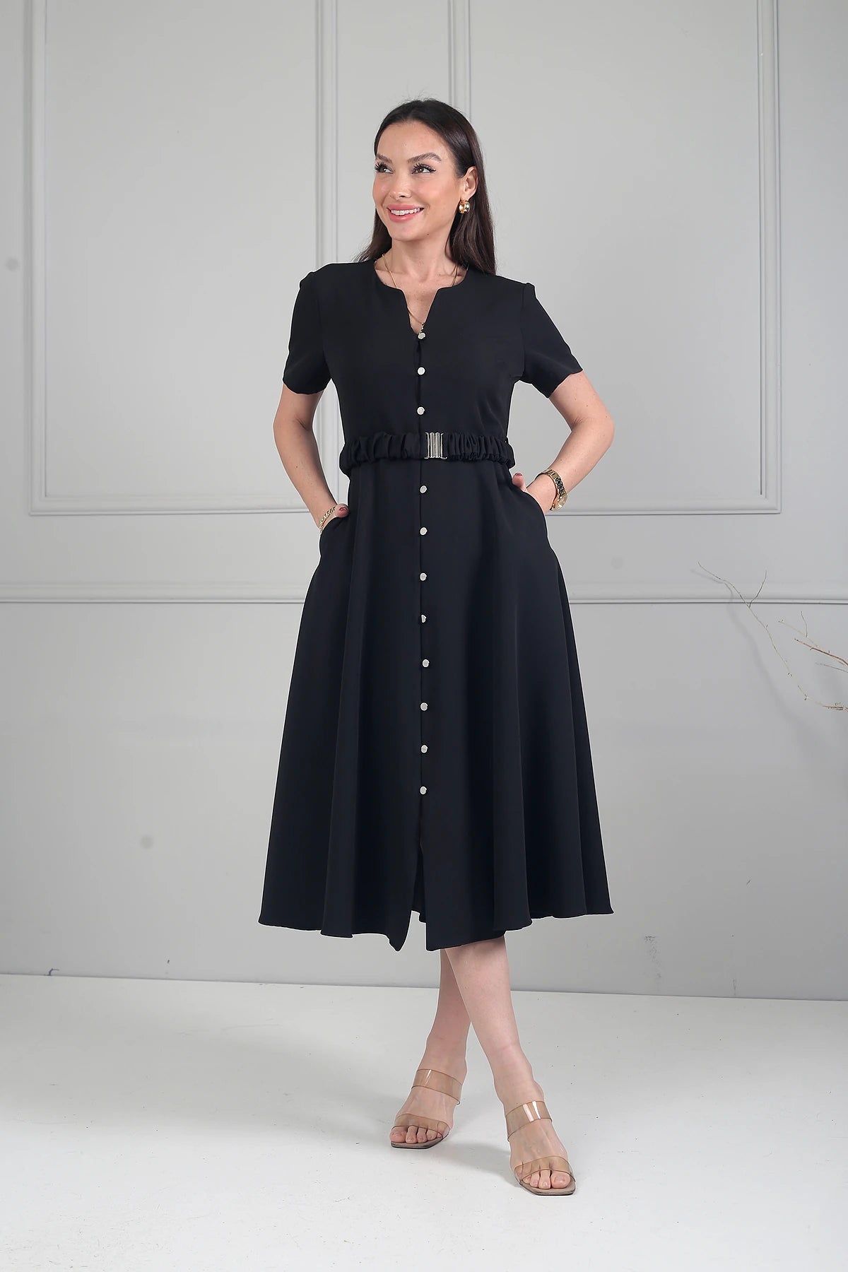 Image of Women's Short-Sleeved Midi Dress with Metal Buttons at the Front and Pockets