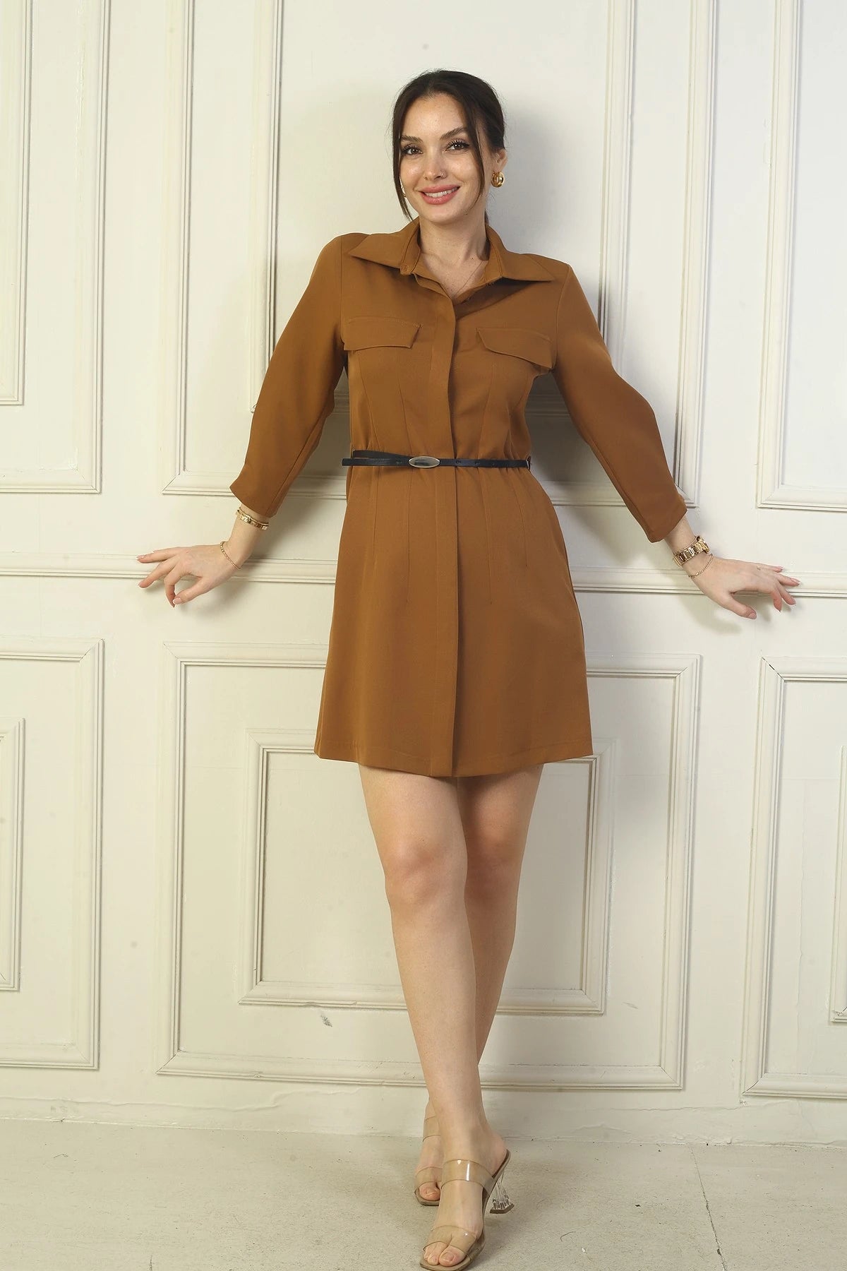 Image of Lycra Double Faux Pocket Shirt Dress