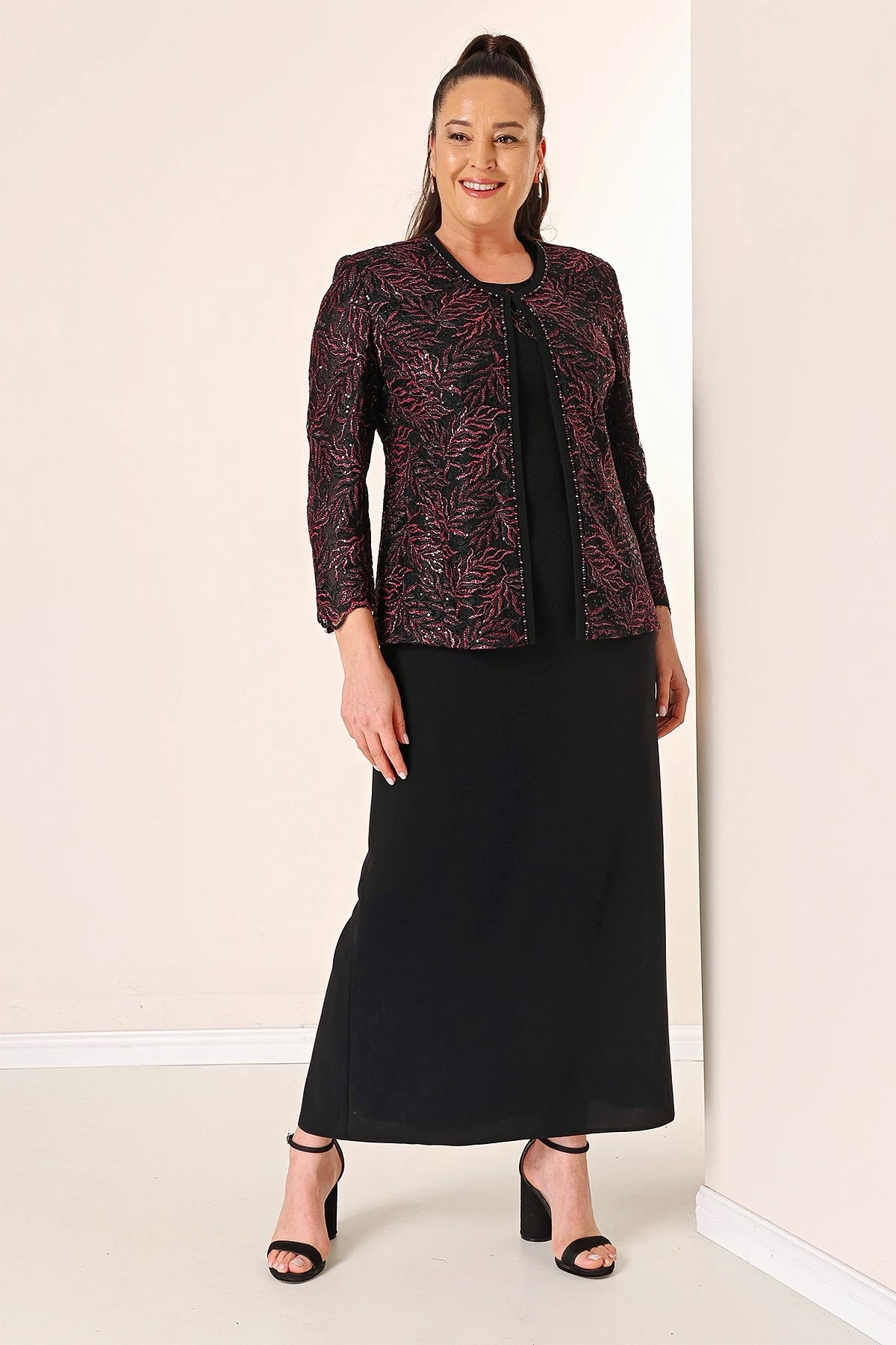 Image of Long Dress with Beaded Collar, Plus Size Two-Piece Set with Beaded and Sequin Embroidered Jacket, Lined.