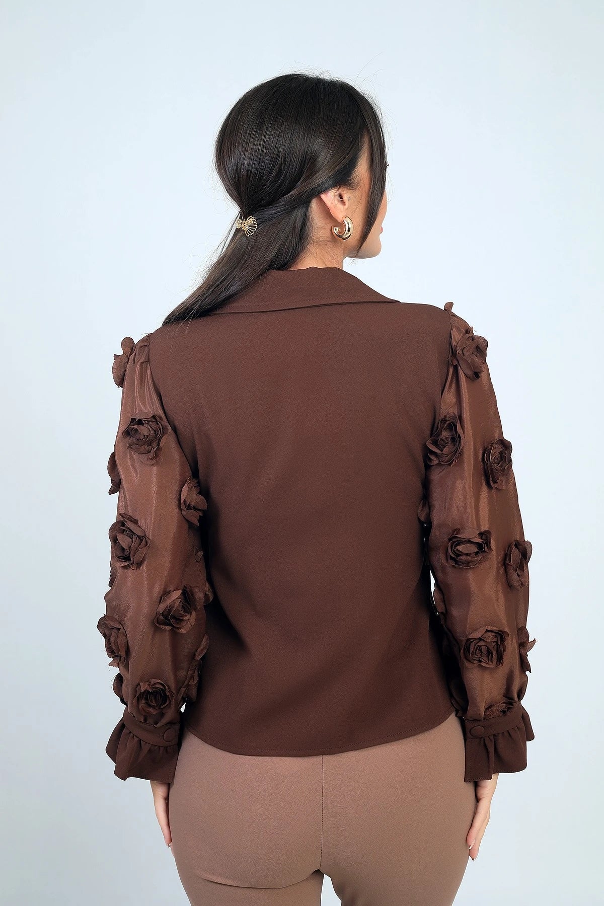 Image of Women's Button-Front Organza Sleeved Blouse with 3D Floral Design