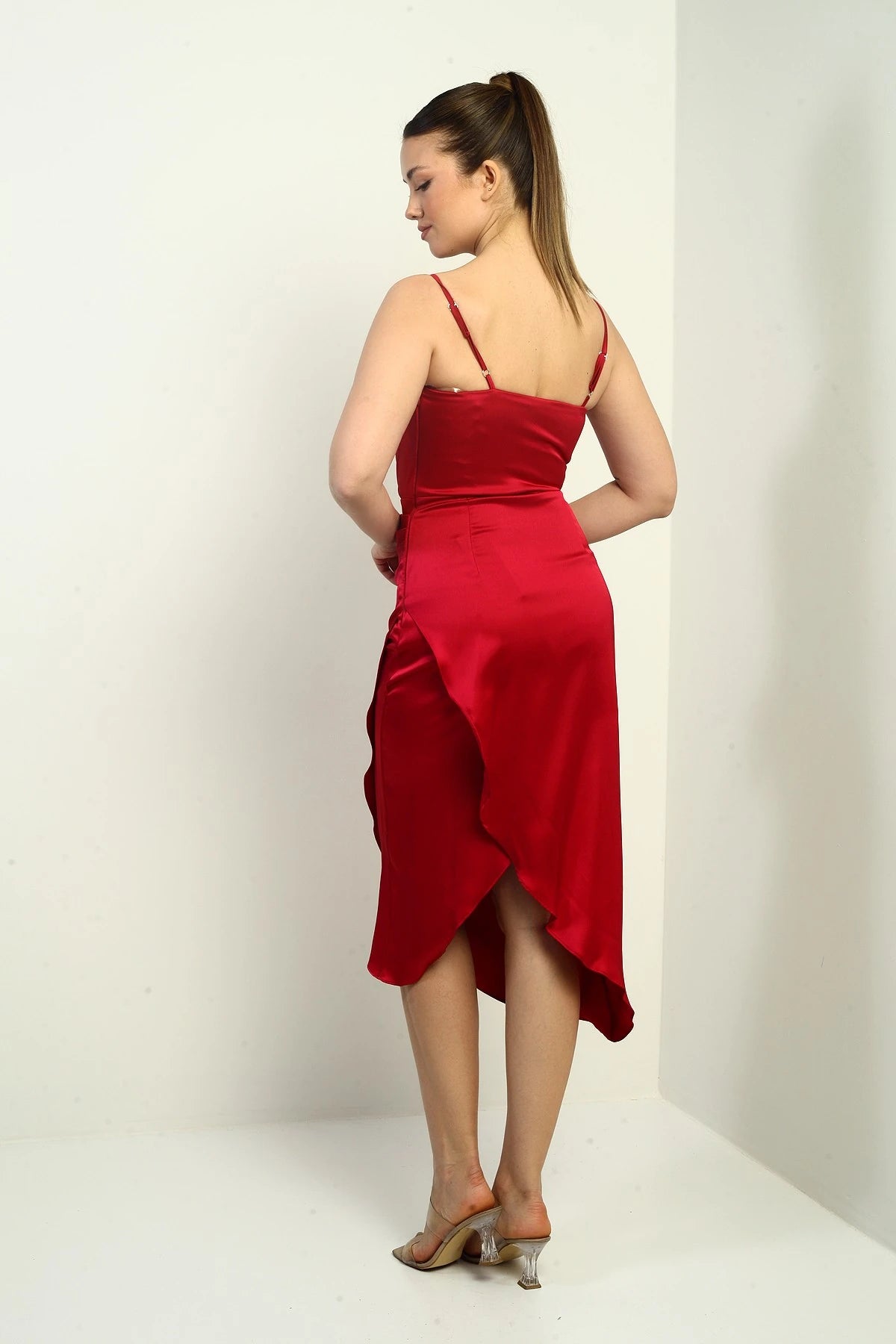 Image of Women's Strappy Draped Lined Asymmetrical Midi Dress