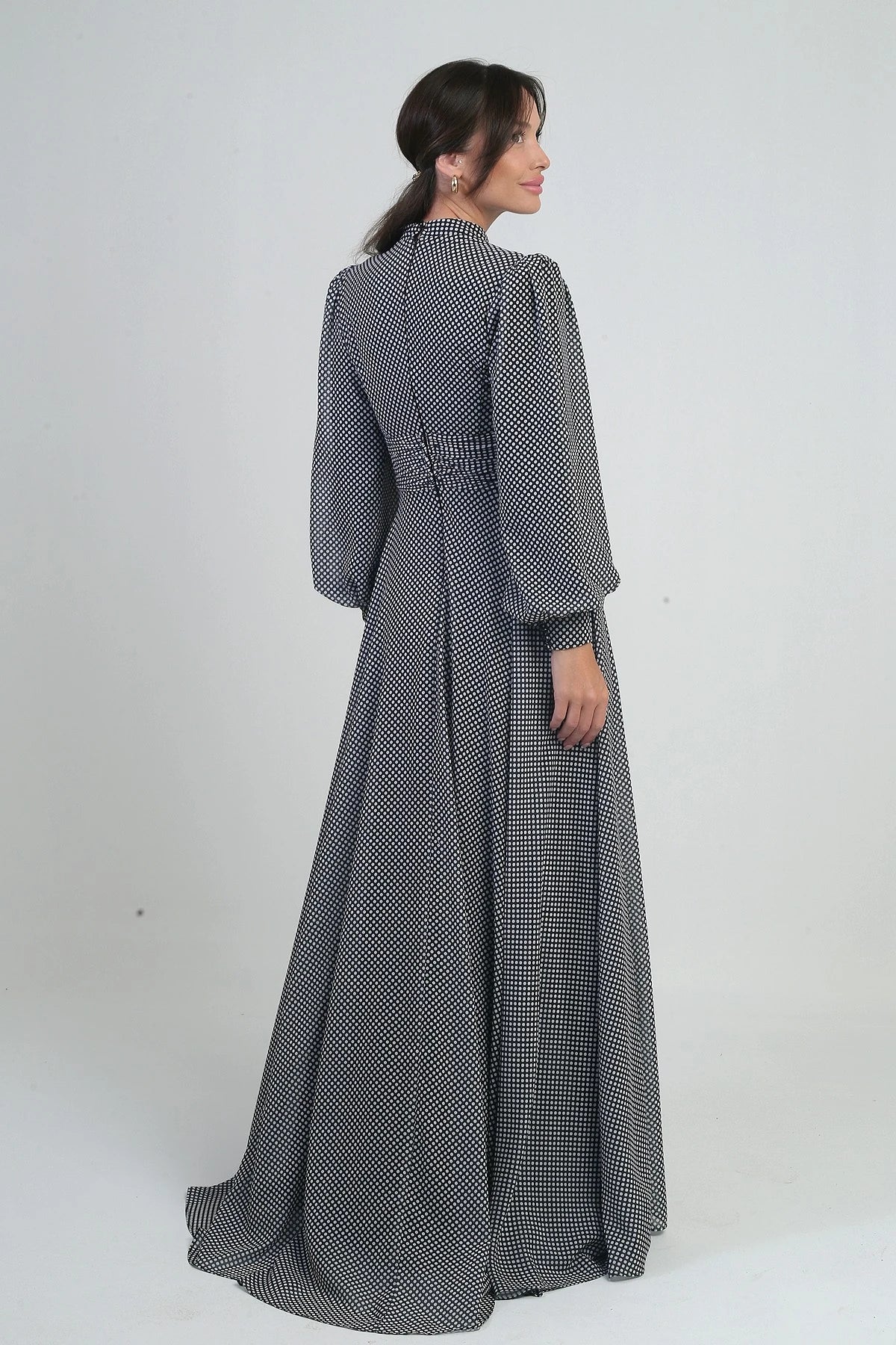 Image of Women's Long Chiffon Dress with Draped Front and Polka Dot Pattern.