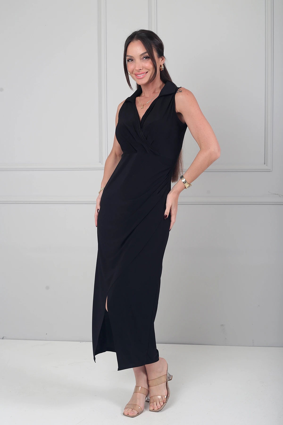 Image of Kadın Polo Kruvaze Yaka Drape Detaylı Likralı Midi Elbise