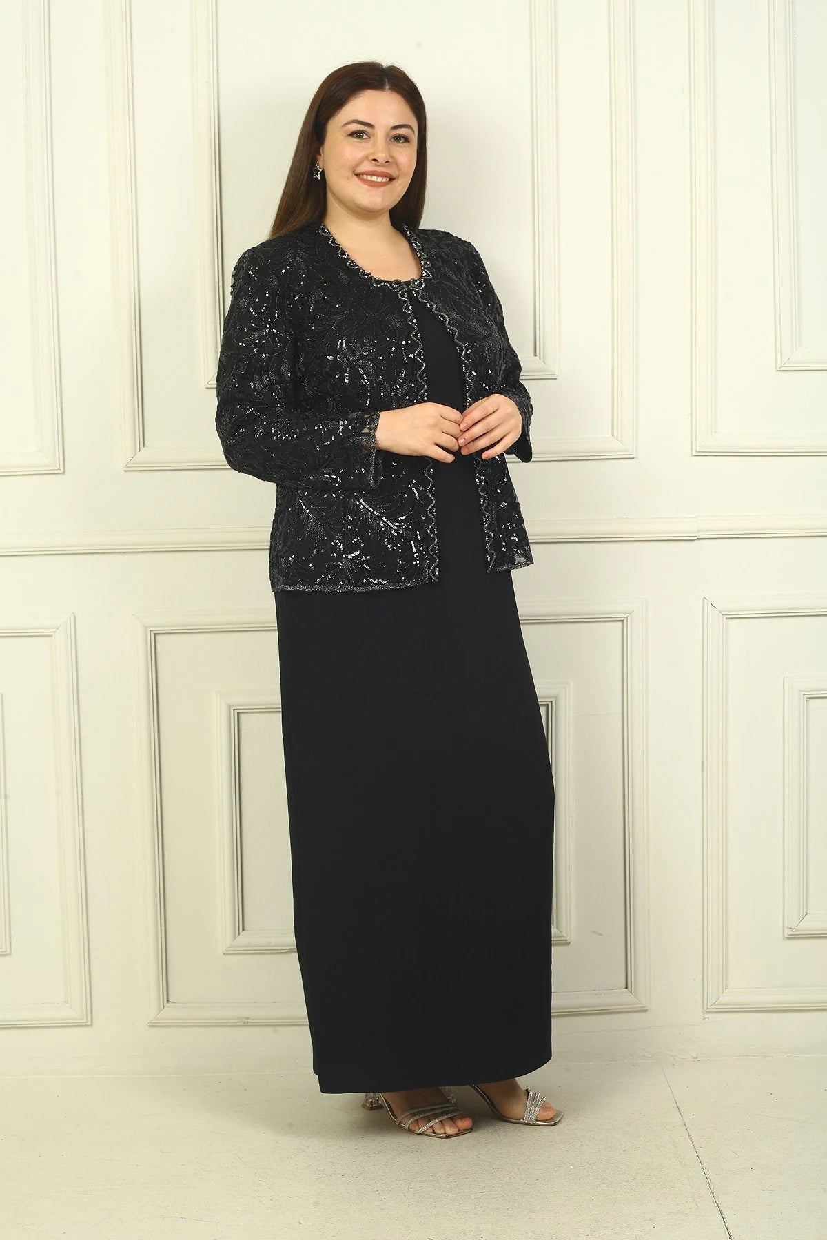 Image of Women's Sequin Embellished Beaded Tulle Jacket, Half-Moon Sleeve Long Dress, Lined Crepe, Plus Size 2-Piece Set