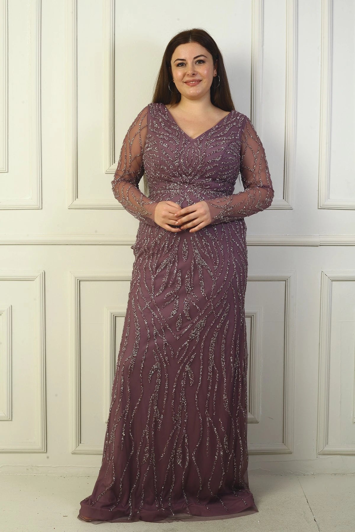 Image of Front and Back V-Neck, Tulle Sleeves, Lined, Embellished Long Plus Size Dress